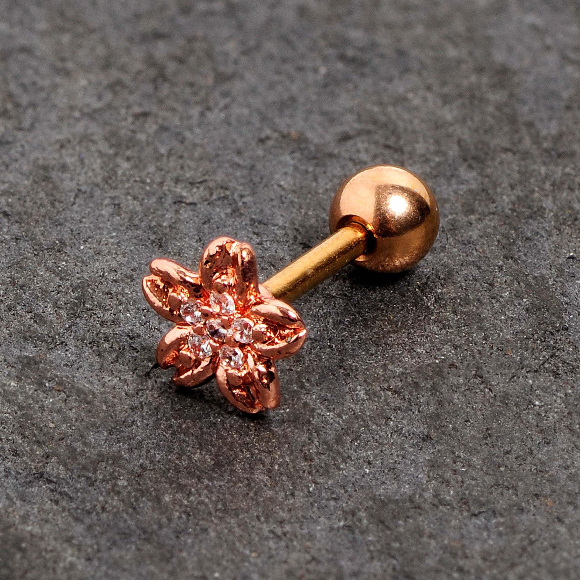 16 Gauge 1/4 Clear Gem Rose Gold Tone Flower Cartilage Tragus Earring