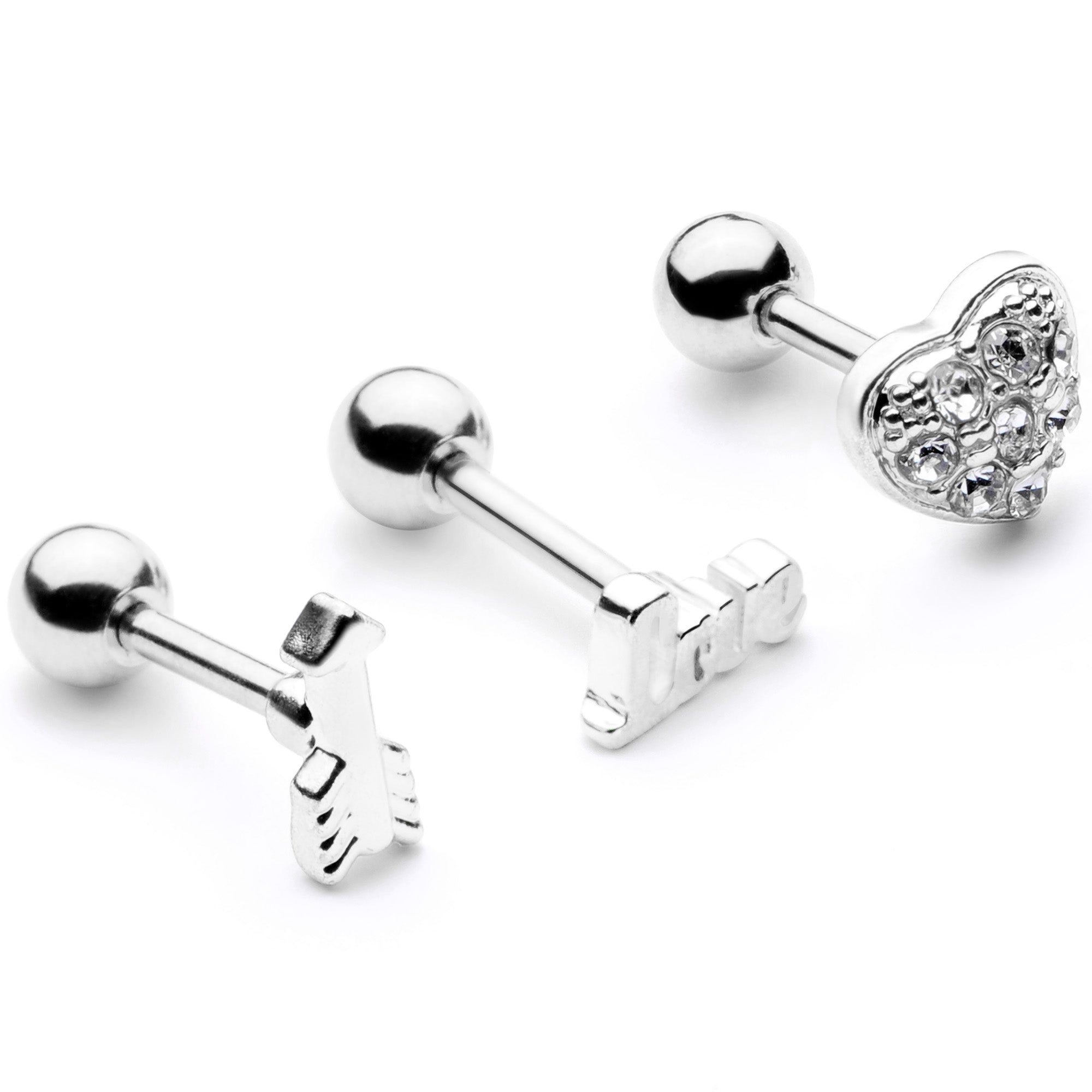 16 Gauge 1/4 Clear Gem Valentine Cartilage Tragus Set