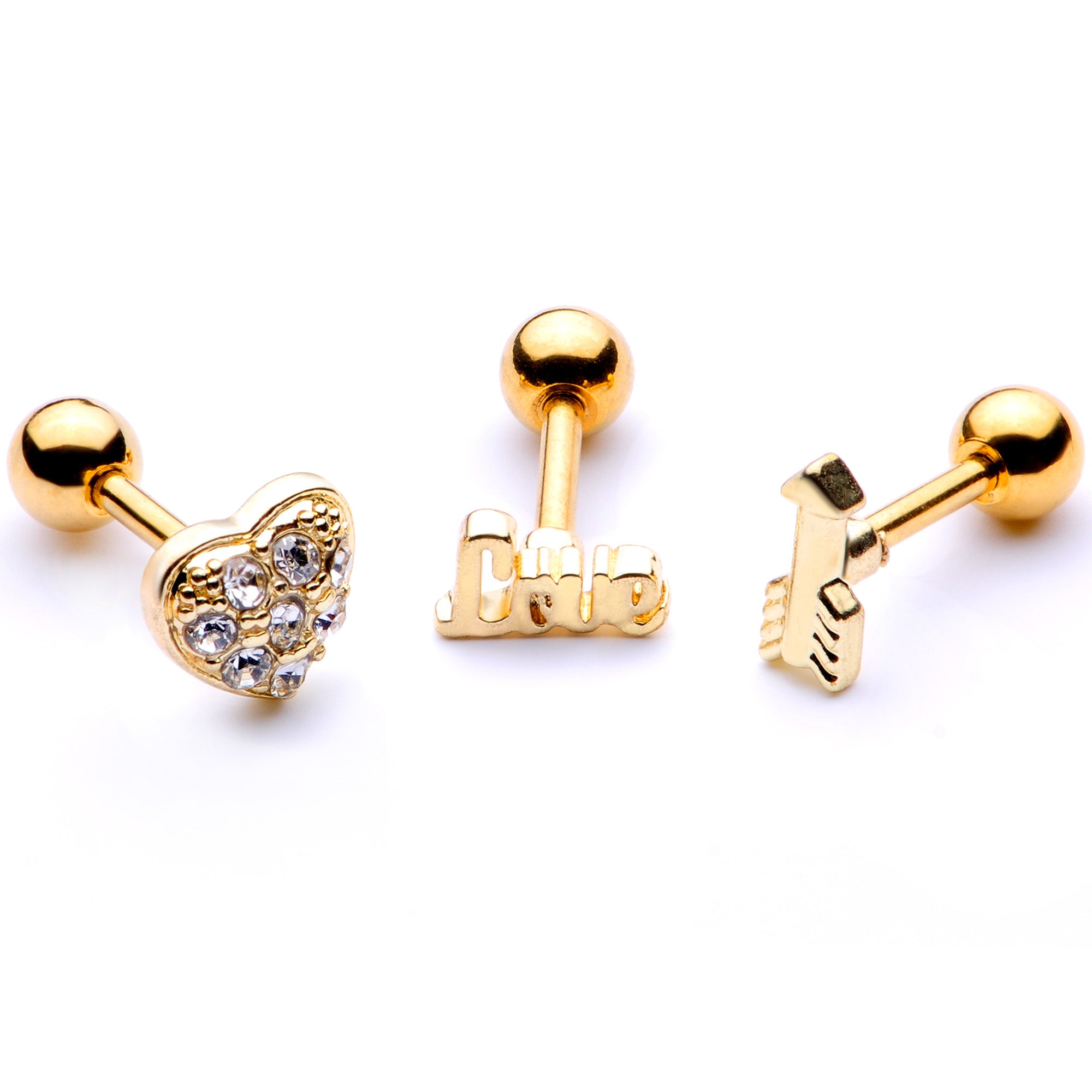 16 Gauge 1/4 Clear Gem Gold Tone Plated Valentine Cartilage Set