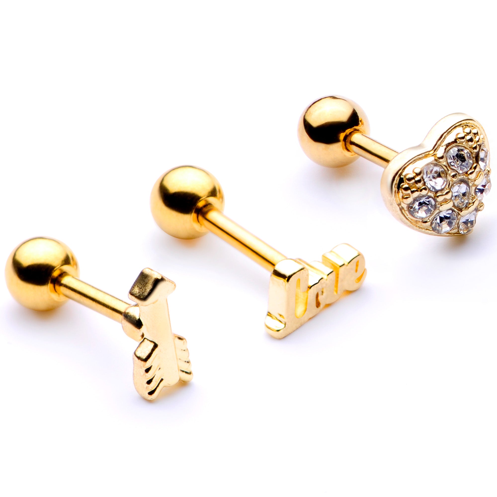 16 Gauge 1/4 Clear Gem Gold Tone Plated Valentine Cartilage Set