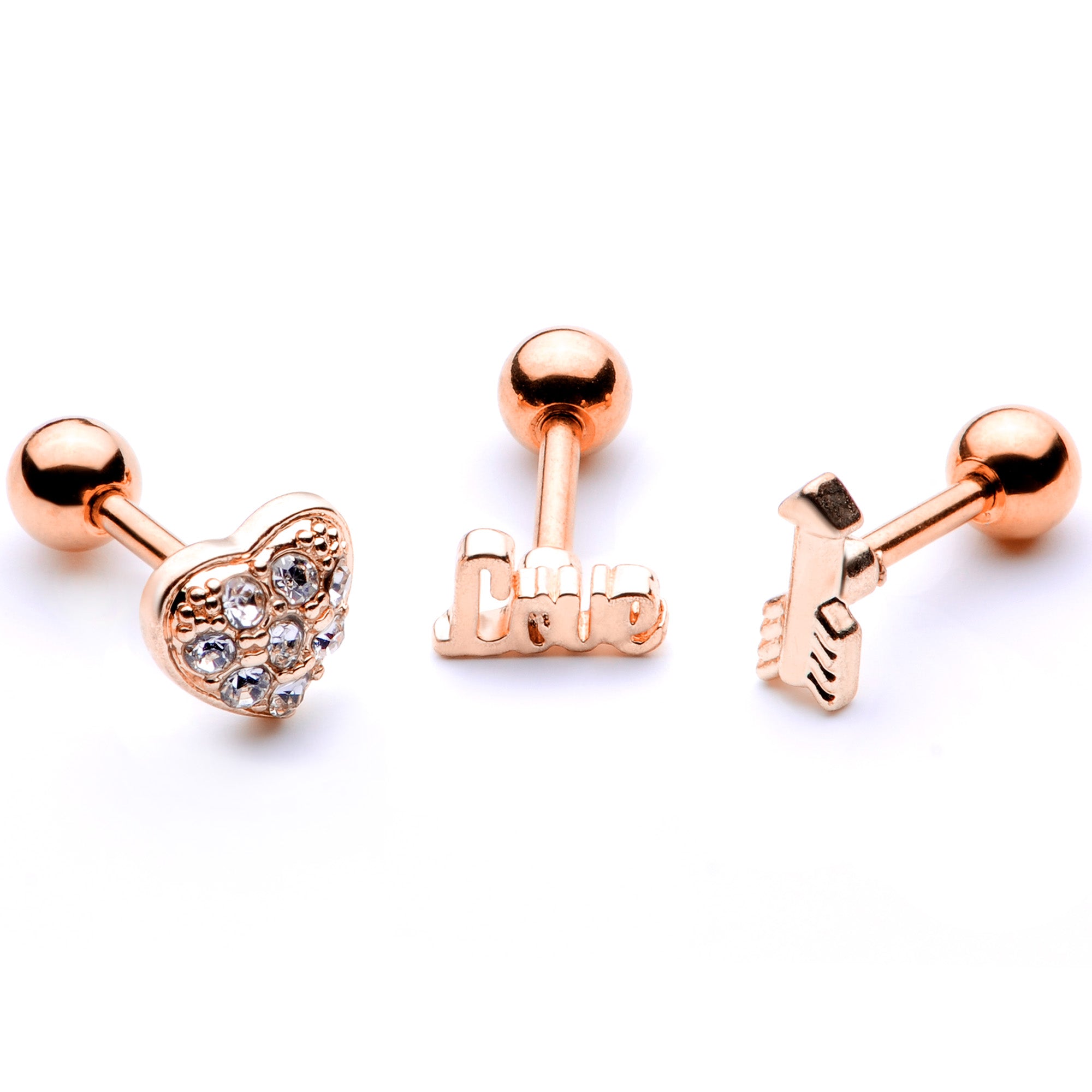 16 Gauge 1/4 Clear Gem Rose Gold Tone Plated Valentine Cartilage Set