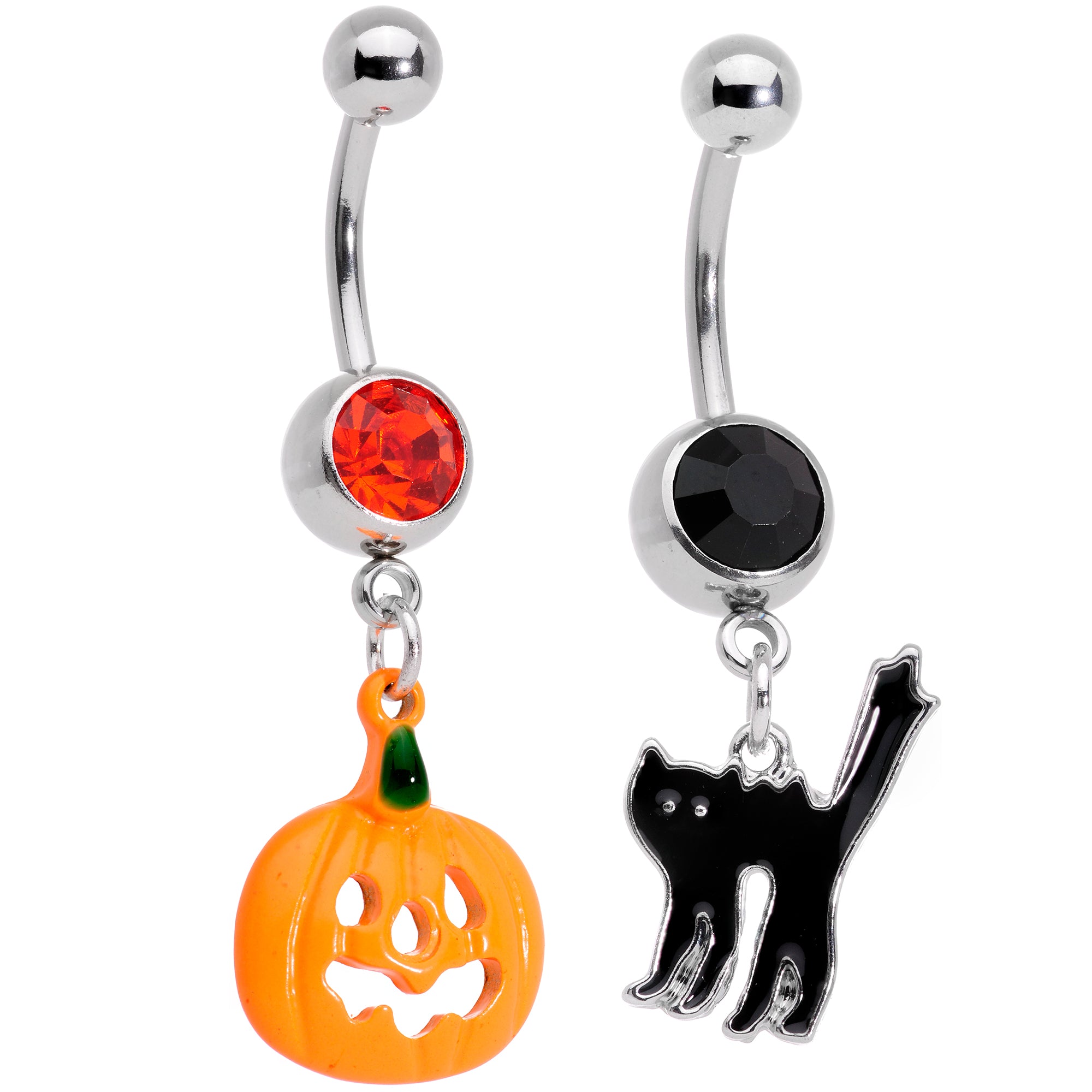 Black Red Gem Pumpkin Cat Halloween Dangle Belly Ring Set of 2