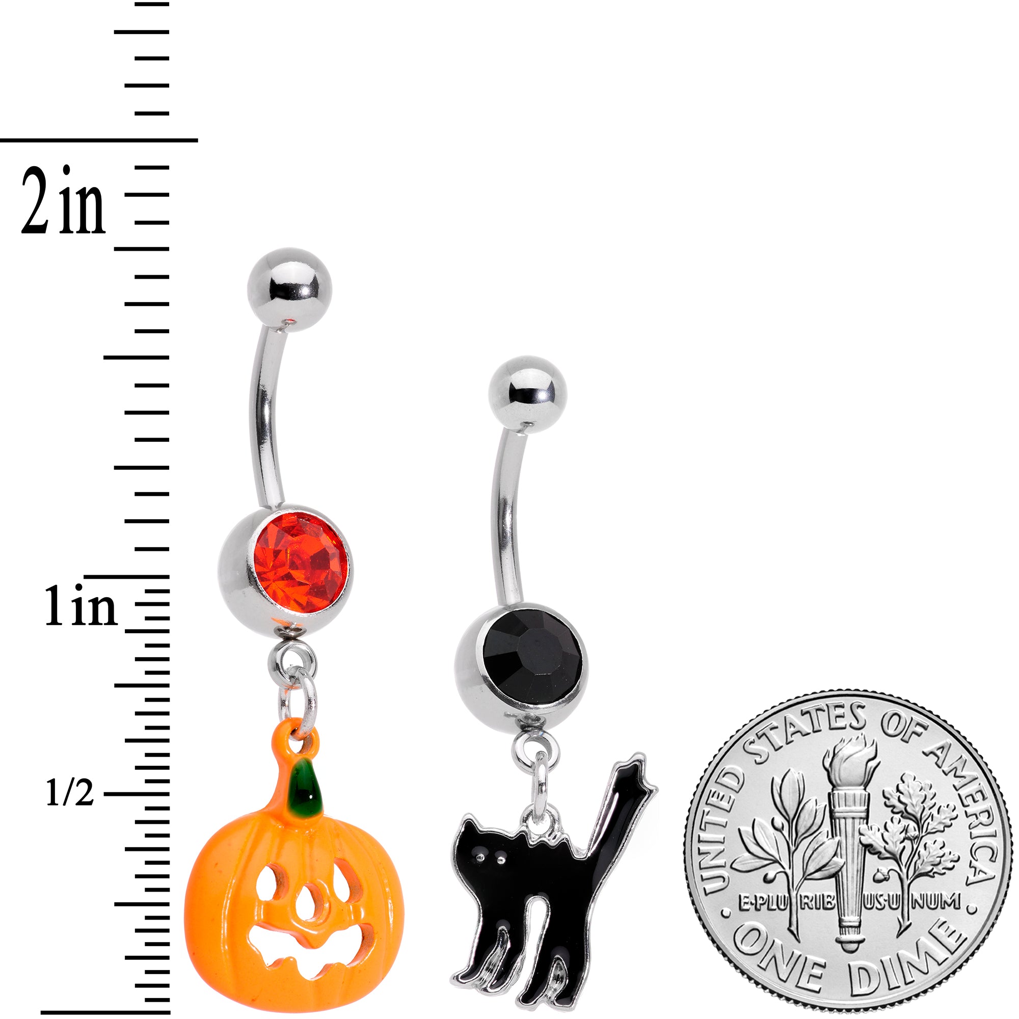 Black Red Gem Pumpkin Cat Halloween Dangle Belly Ring Set of 2