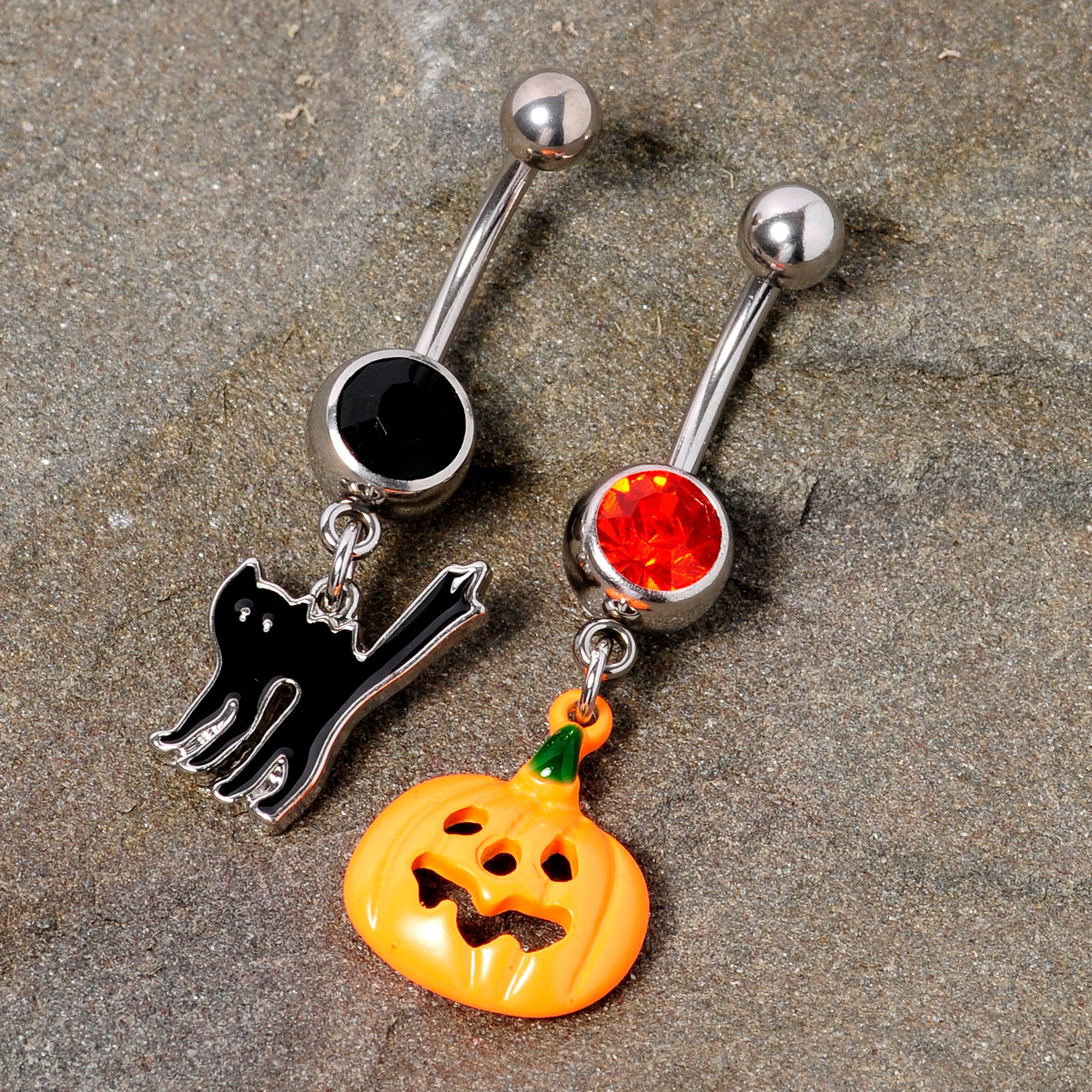 Black Red Gem Pumpkin Cat Halloween Dangle Belly Ring Set of 2