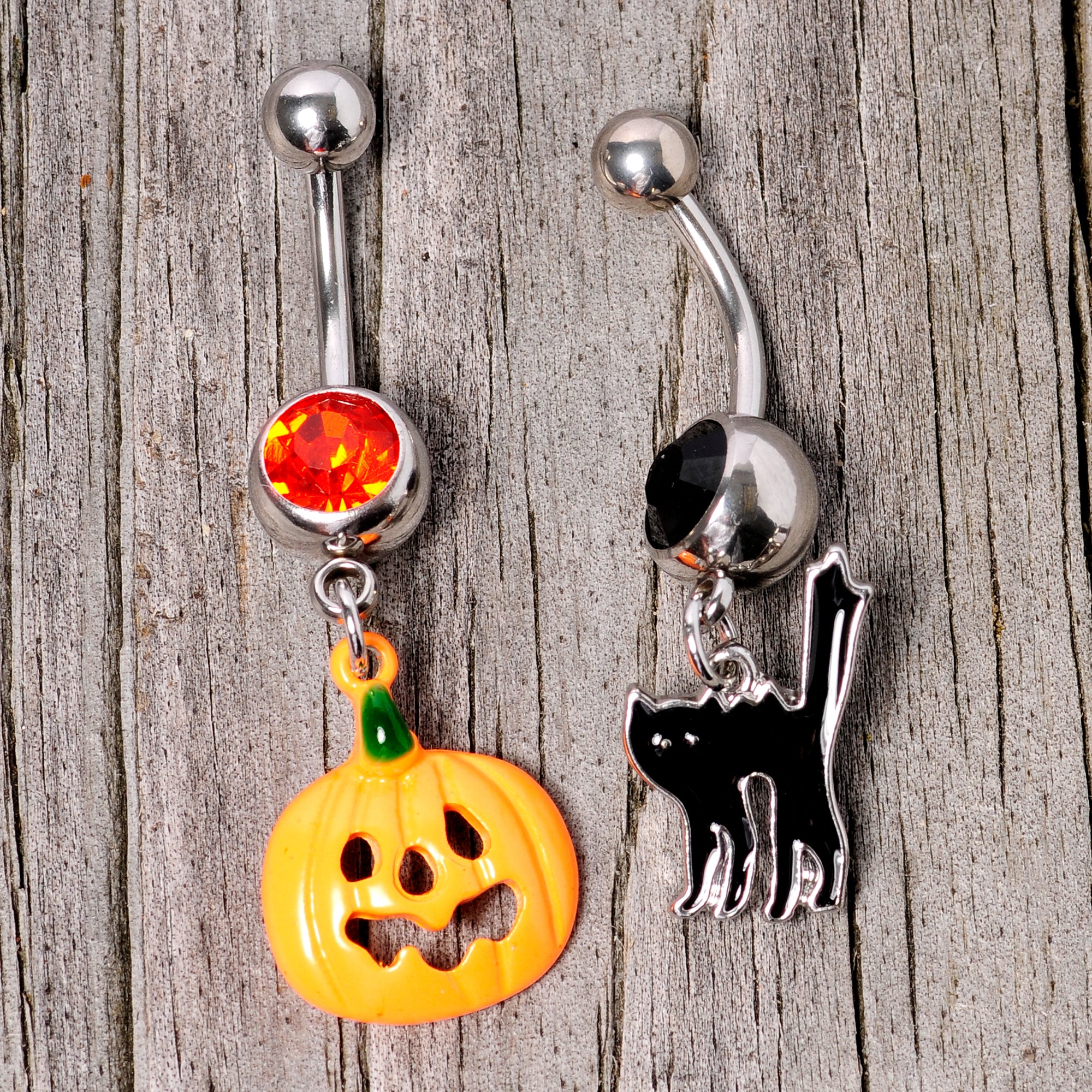 Black Red Gem Pumpkin Cat Halloween Dangle Belly Ring Set of 2