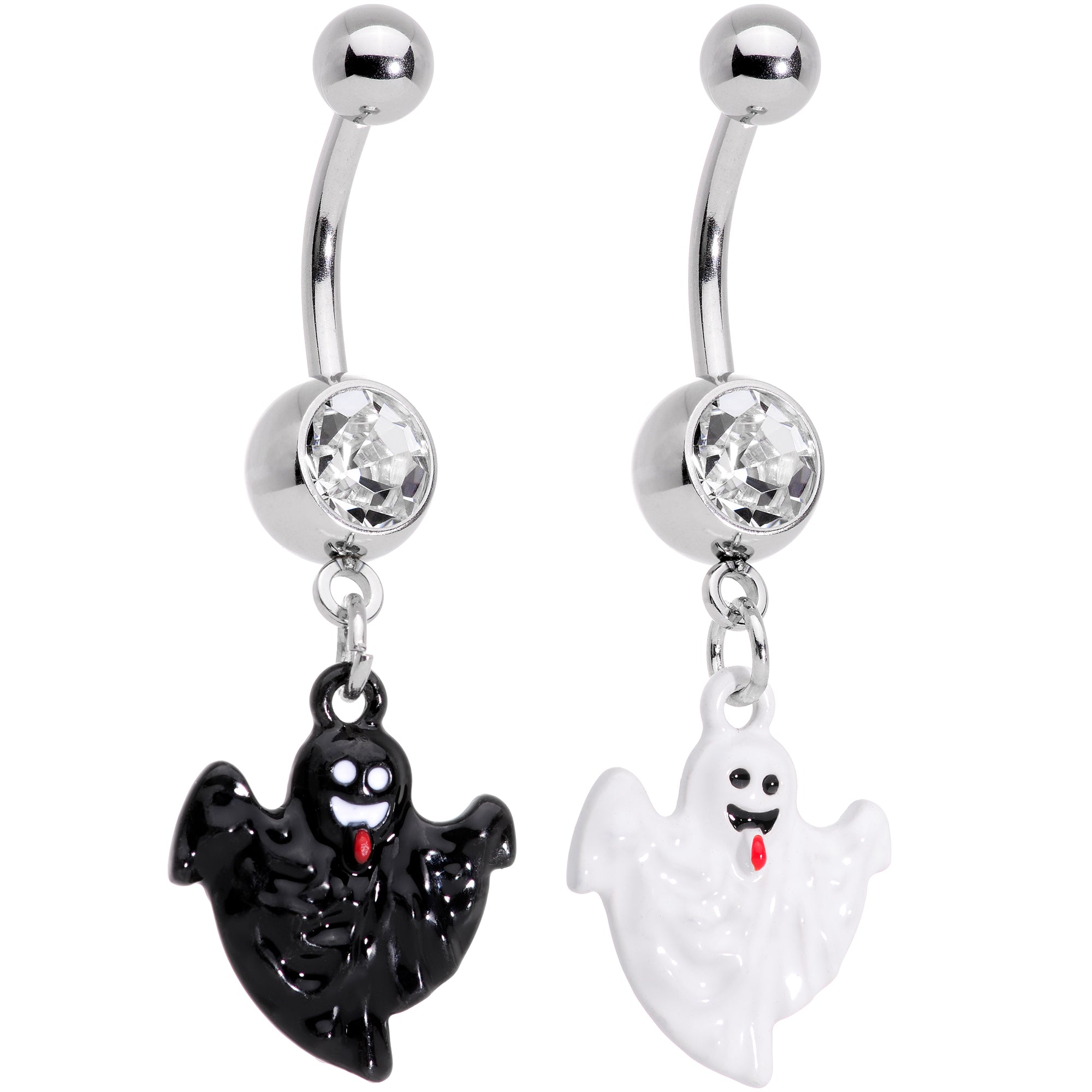 Clear Gem Black White Ghost Halloween Dangle Belly Ring Set of 2