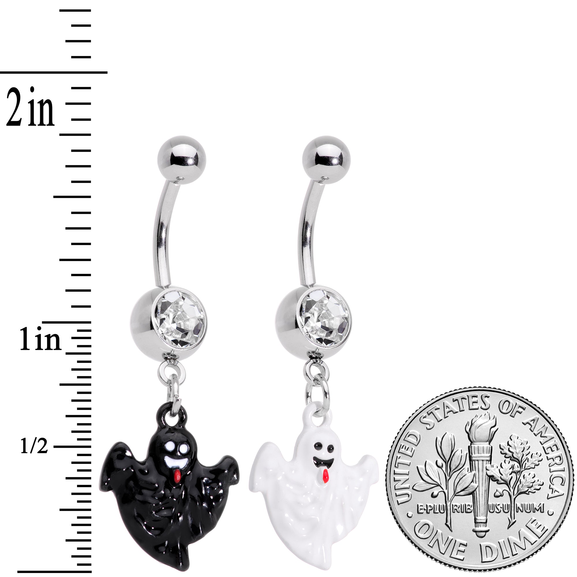 Clear Gem Black White Ghost Halloween Dangle Belly Ring Set of 2