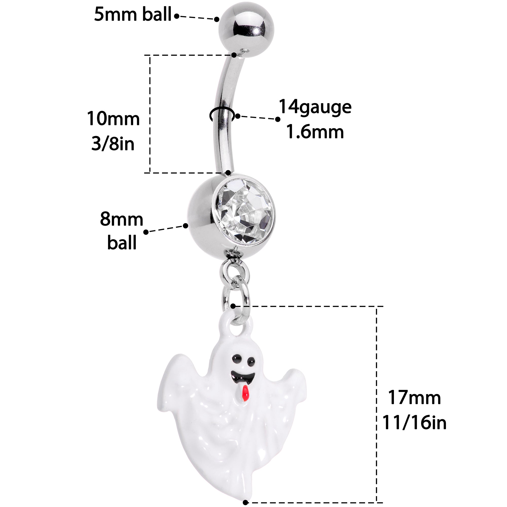 Clear Gem Black White Ghost Halloween Dangle Belly Ring Set of 2