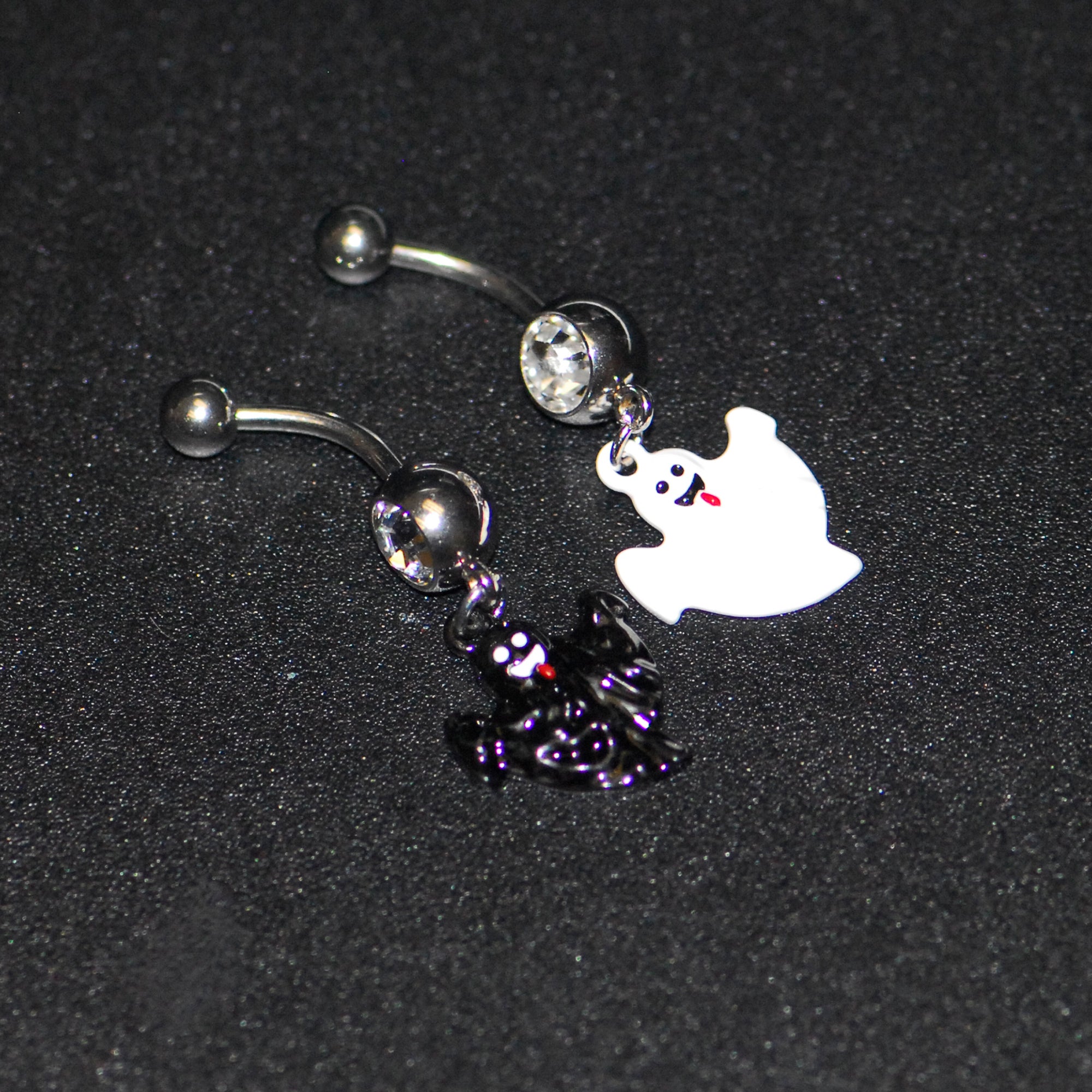 Clear Gem Black White Ghost Halloween Dangle Belly Ring Set of 2