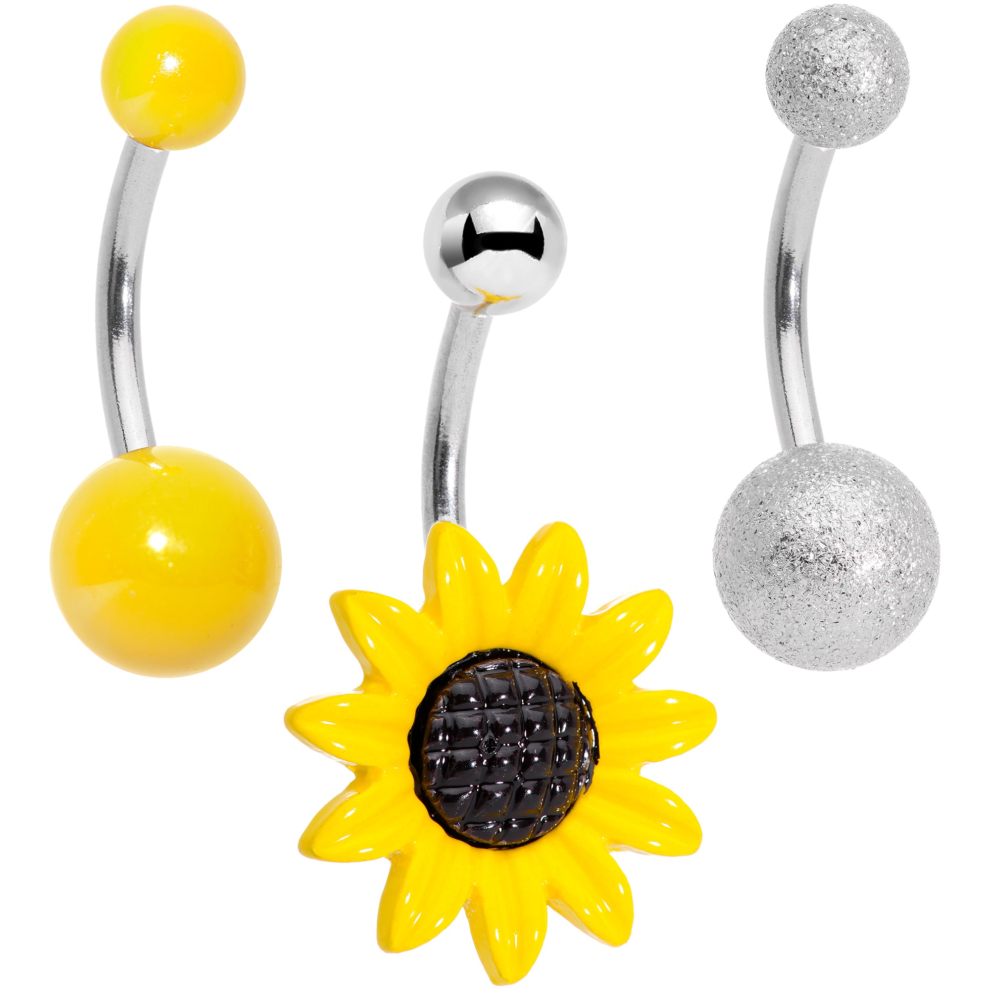 Sandblasted and Yellow UV Glow Sunflower Belly Ring Set of 3