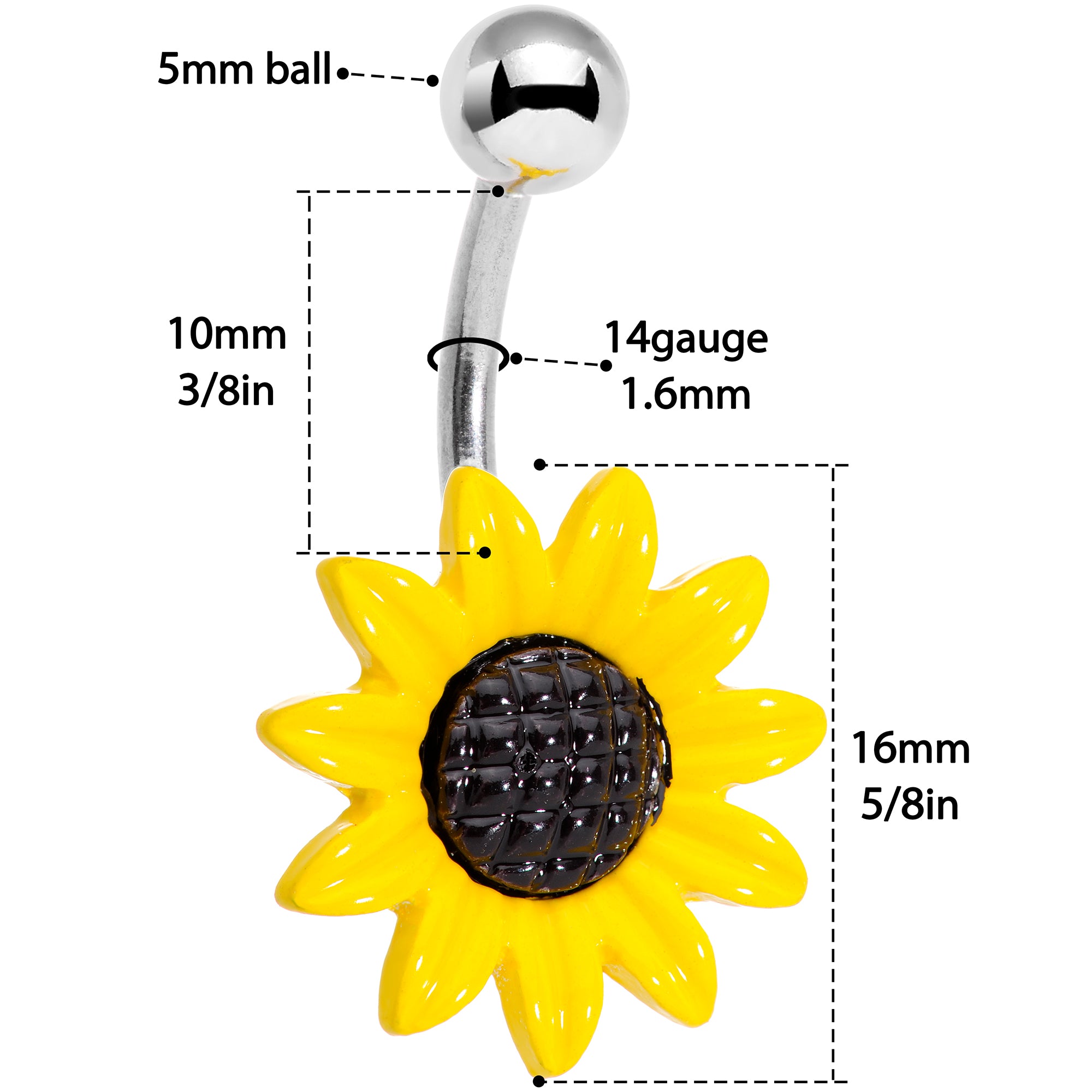 Sandblasted and Yellow UV Glow Sunflower Belly Ring Set of 3