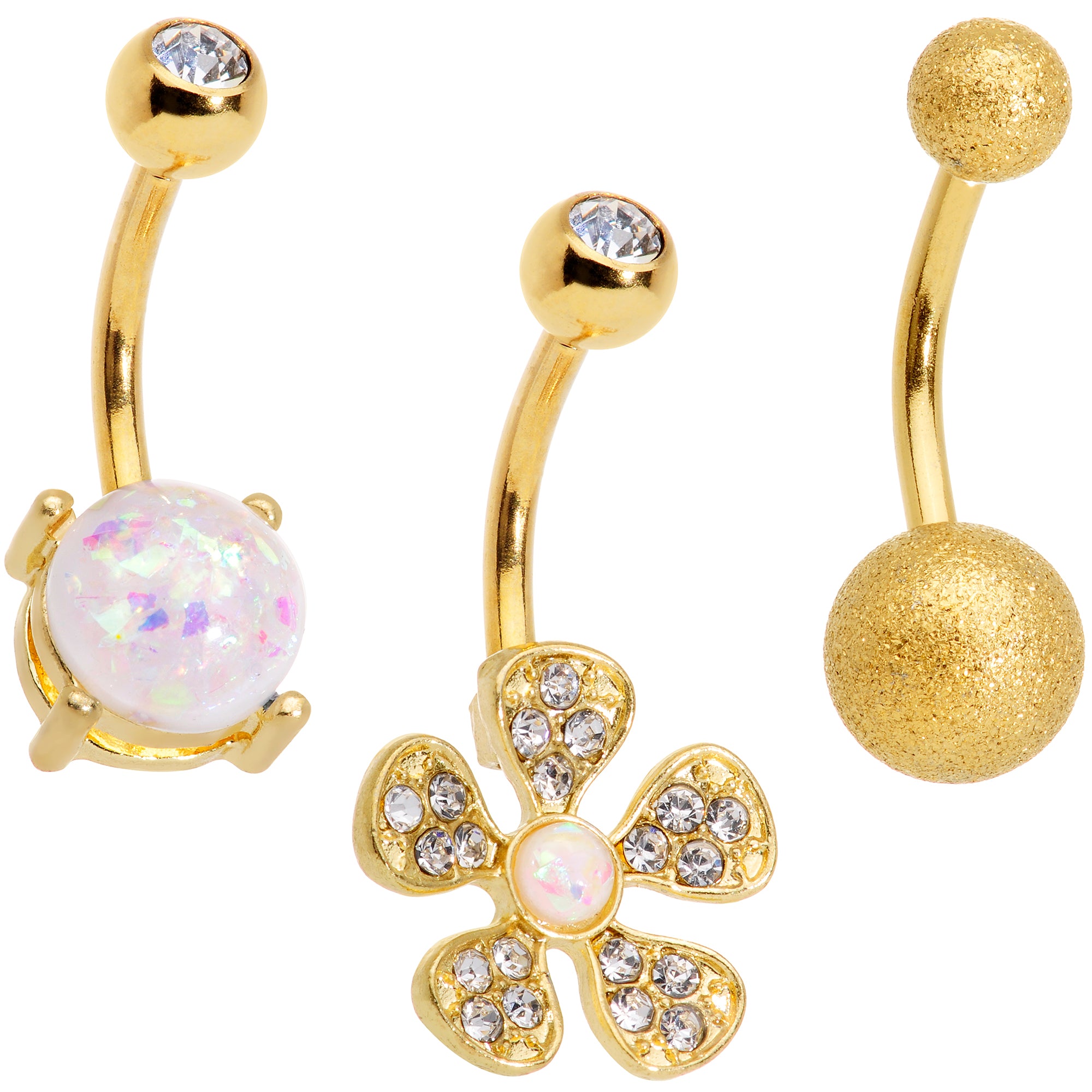 Clear Gem White Faux Opal Flower Gold Tone Belly Ring Set of 3