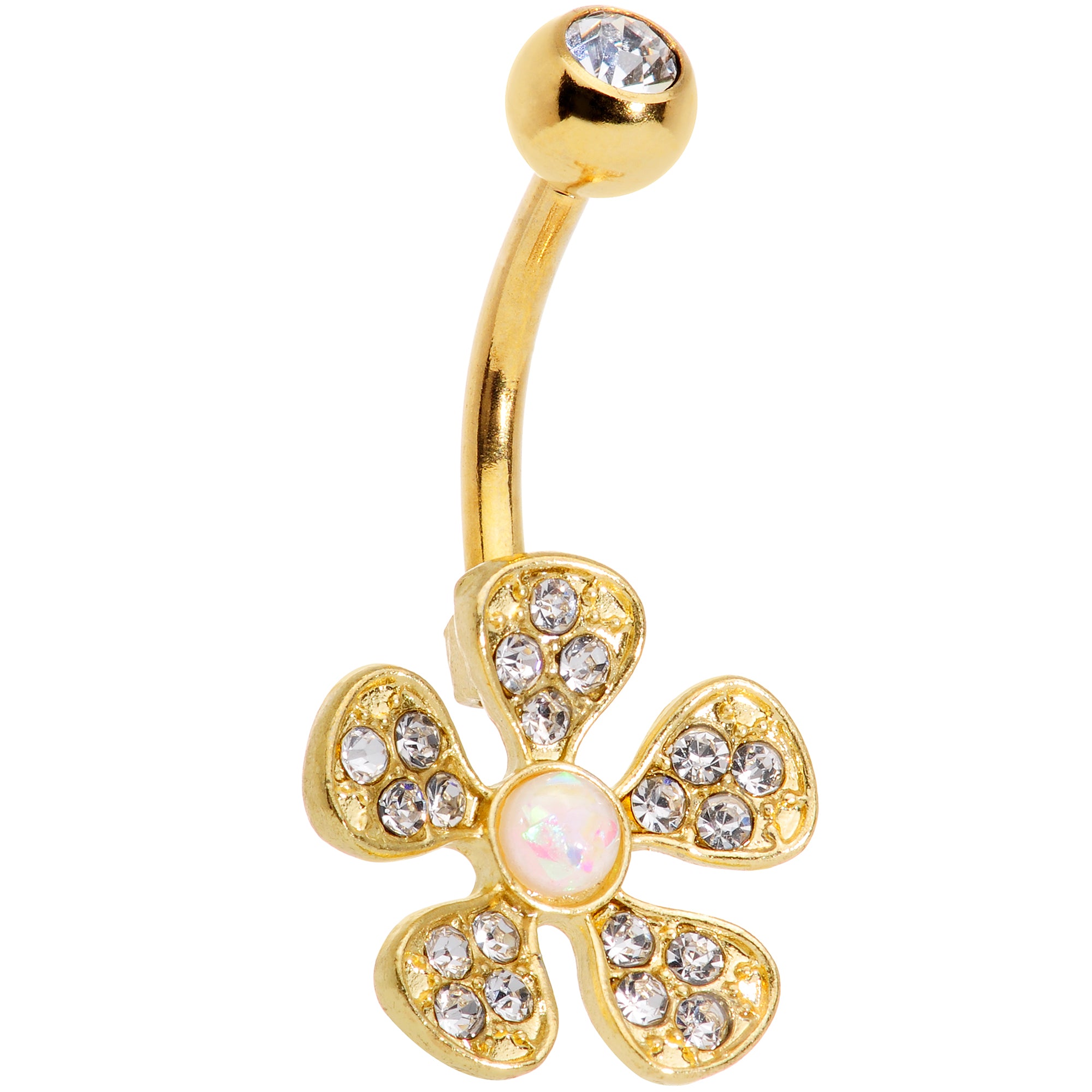 Clear Gem White Faux Opal Flower Gold Tone Belly Ring Set of 3