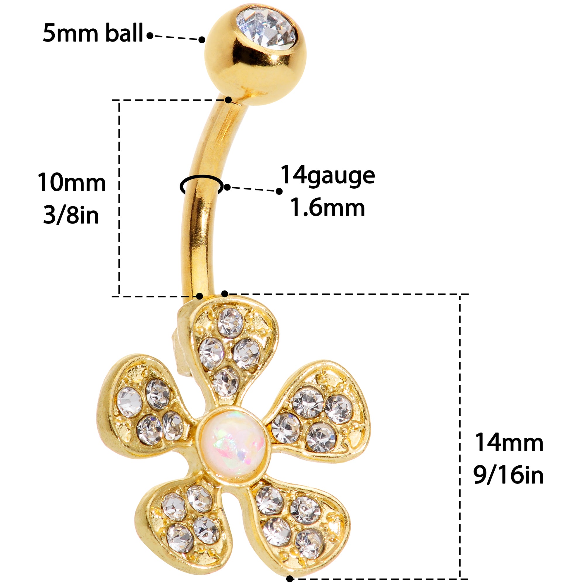 Clear Gem White Faux Opal Flower Gold Tone Belly Ring Set of 3