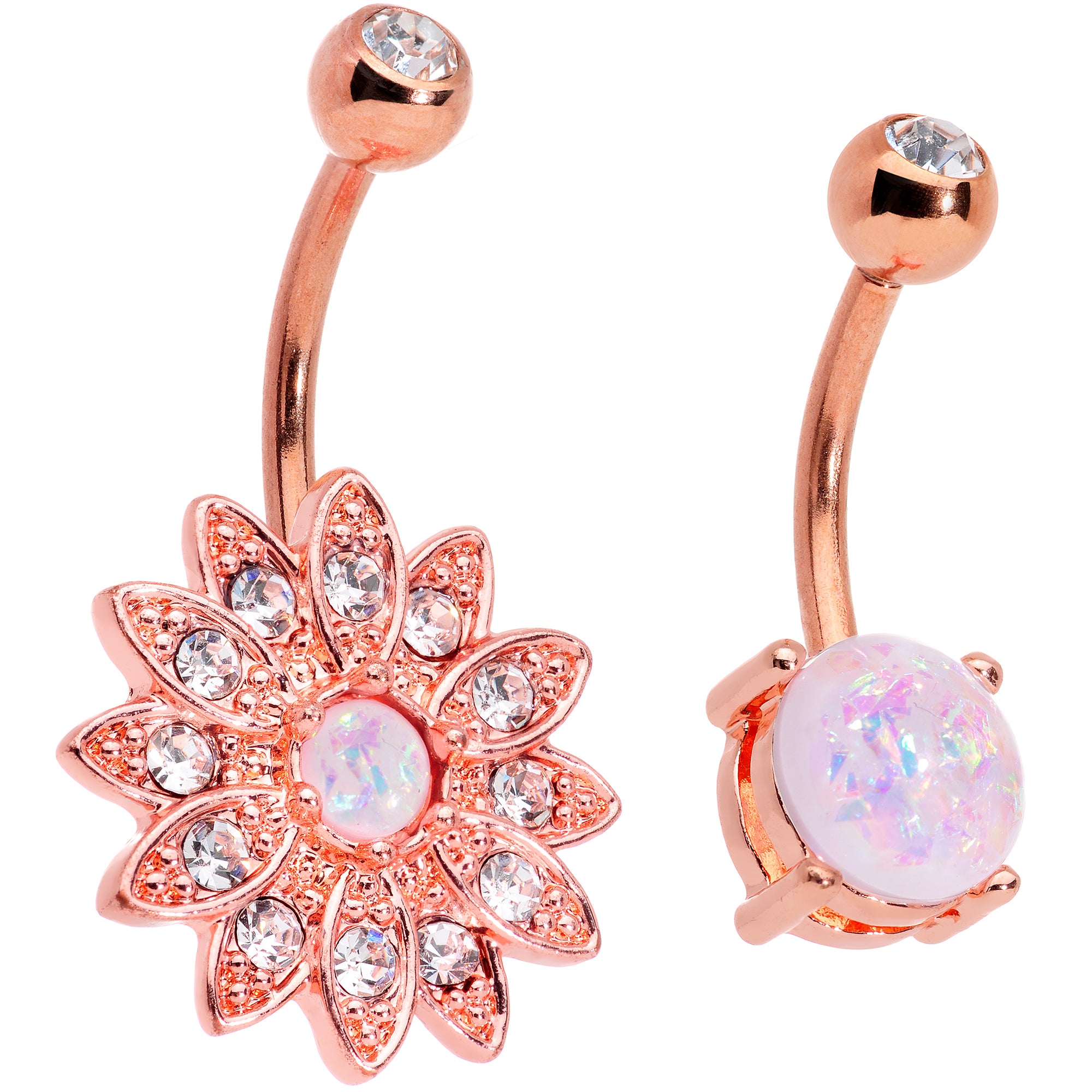 Clear Gem White Faux Opal Rose Gold Tone Flower Belly Ring Set of 2