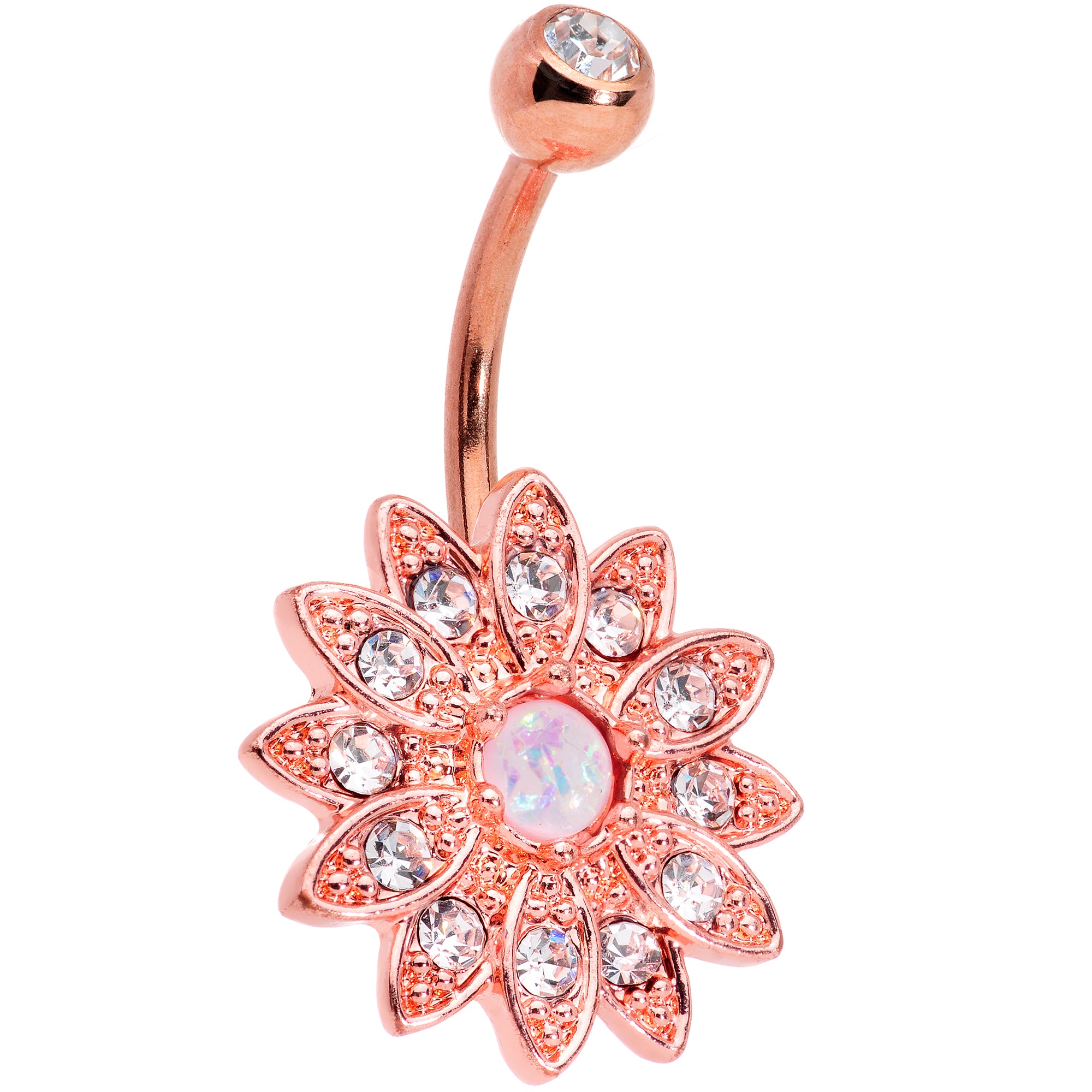 Clear Gem White Faux Opal Rose Gold Tone Flower Belly Ring Set of 2