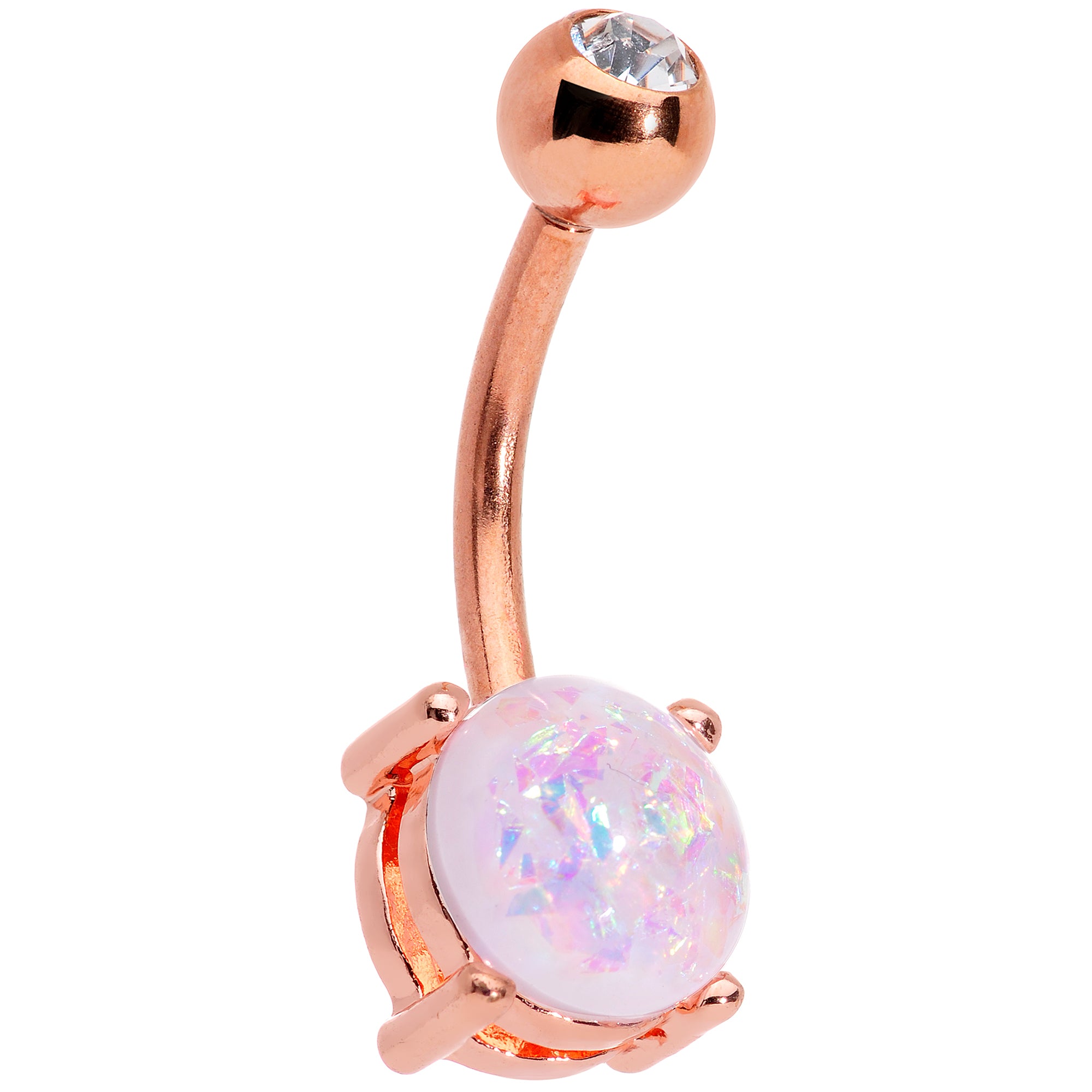 Clear Gem White Faux Opal Rose Gold Tone Flower Belly Ring Set of 2