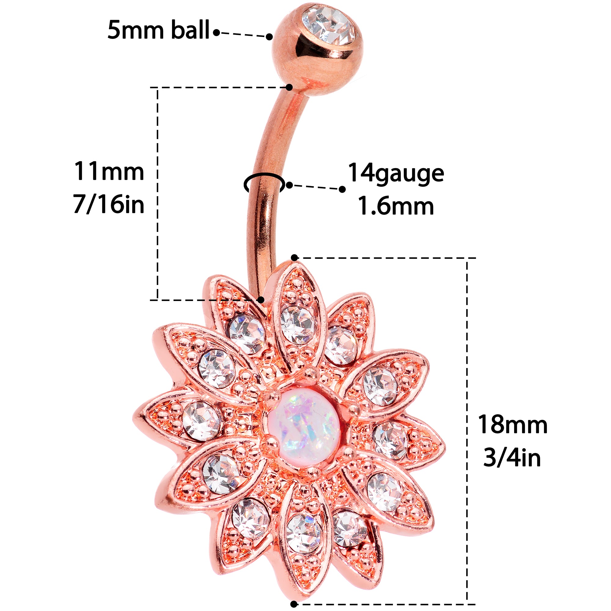 Clear Gem White Faux Opal Rose Gold Tone Flower Belly Ring Set of 2