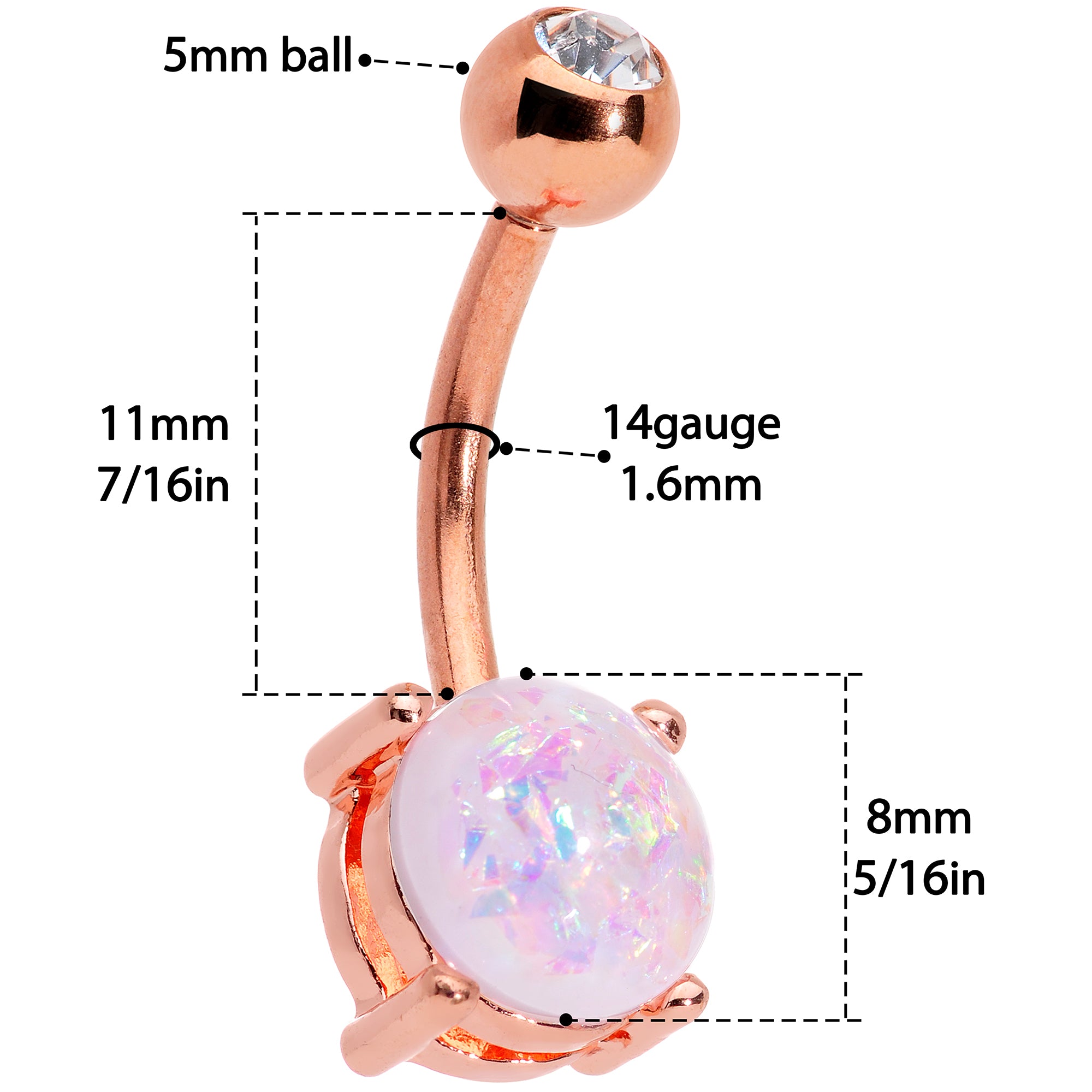 Clear Gem White Faux Opal Rose Gold Tone Flower Belly Ring Set of 2