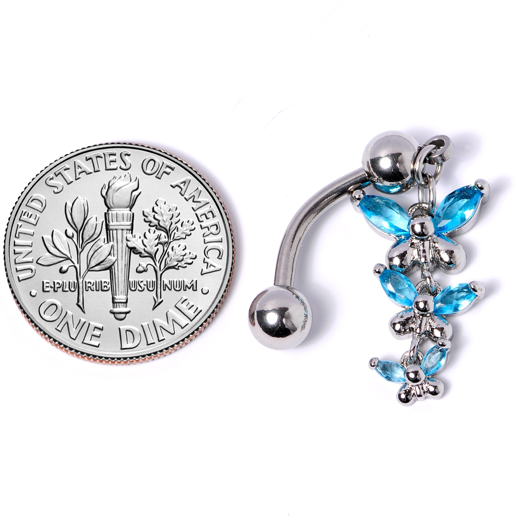 Aqua Gem Band of Butterflies Top Mount Dangle Belly Ring