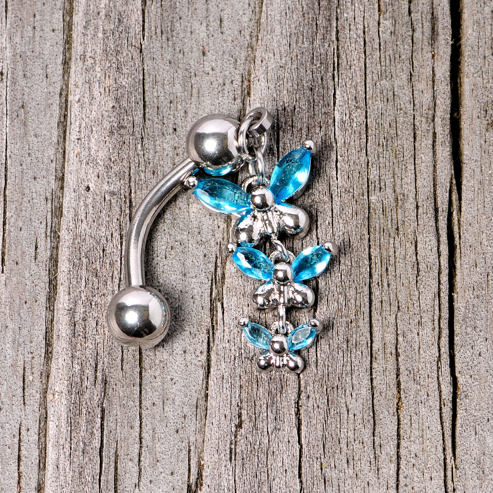 Aqua Gem Band of Butterflies Top Mount Dangle Belly Ring