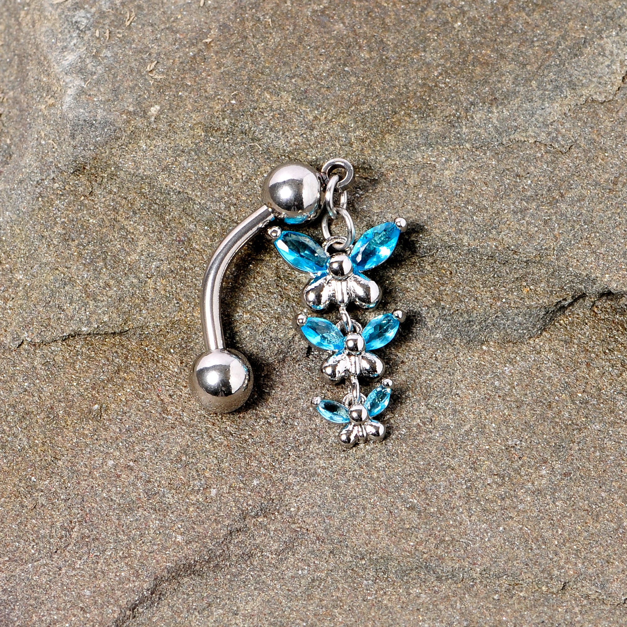 Aqua Gem Band of Butterflies Top Mount Dangle Belly Ring