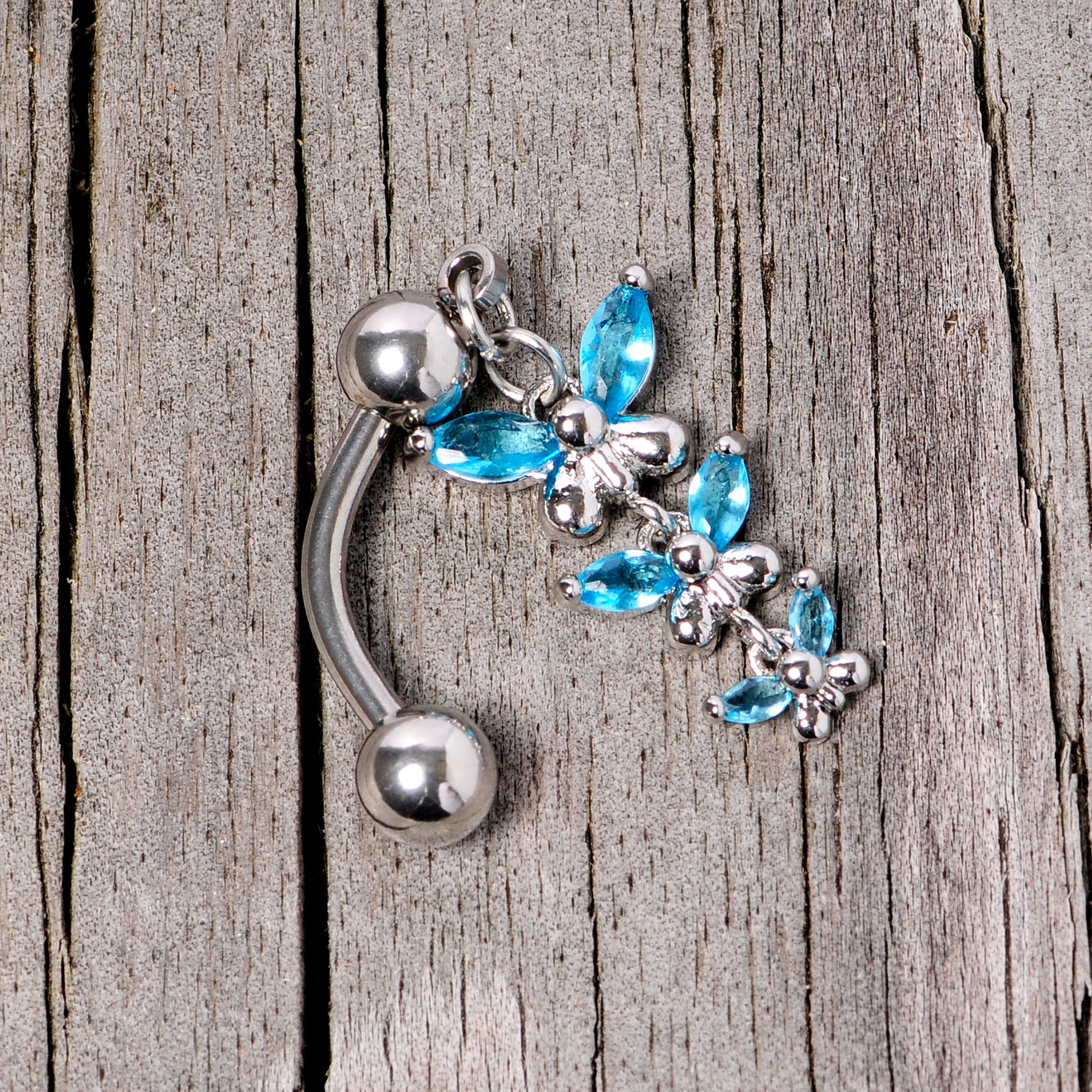 Aqua Gem Band of Butterflies Top Mount Dangle Belly Ring