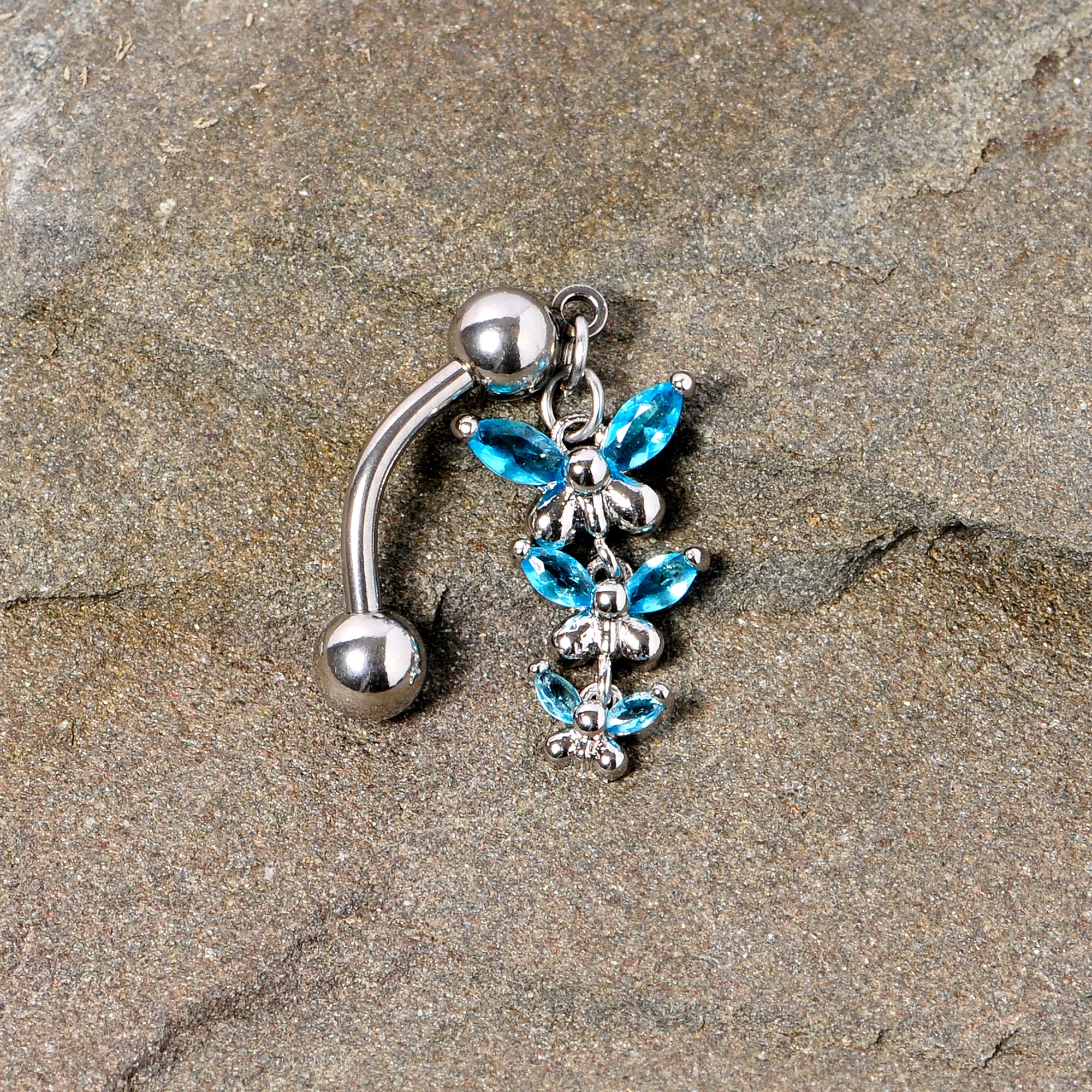 Aqua Gem Band of Butterflies Top Mount Dangle Belly Ring