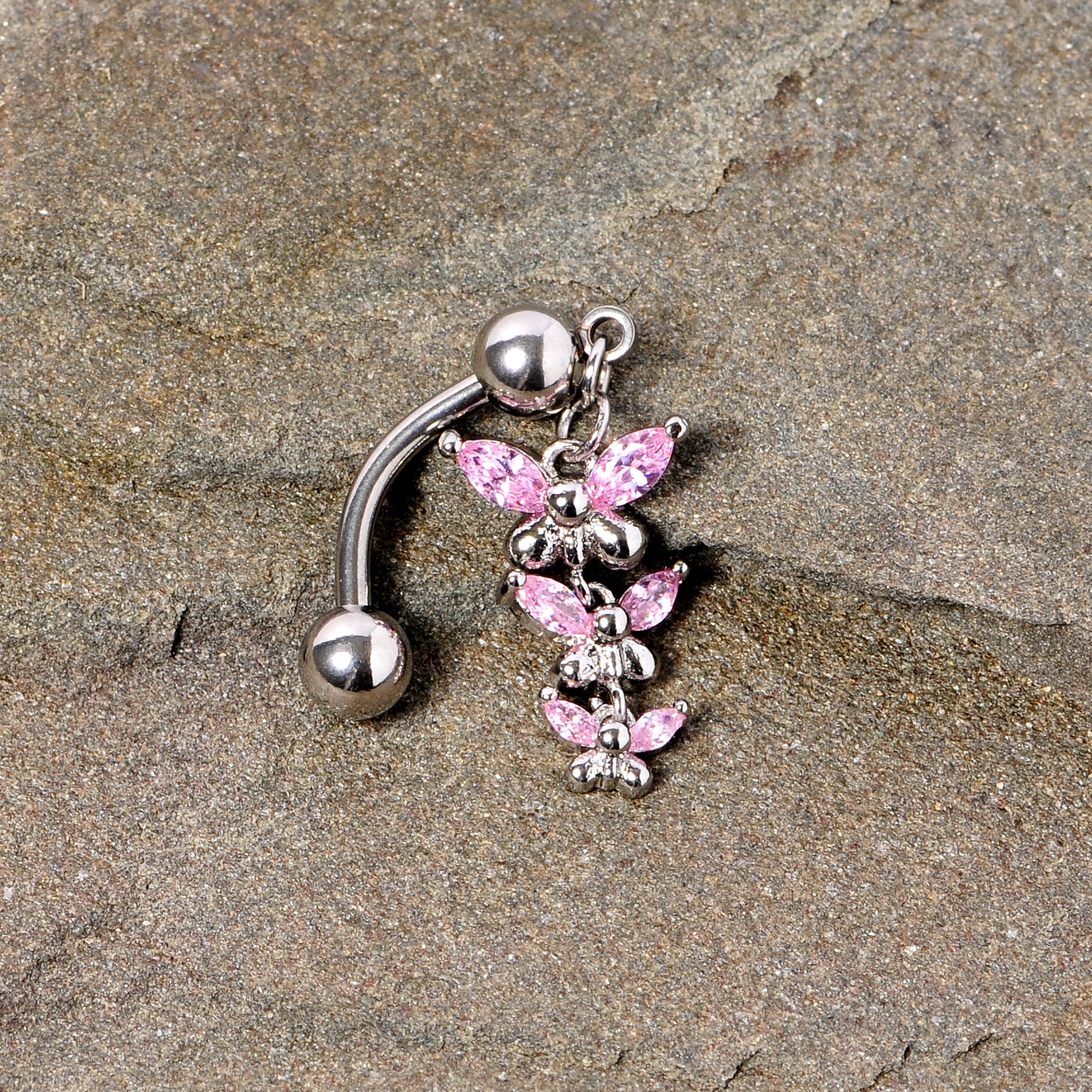 Pink Gem Band of Butterflies Top Mount Dangle Belly Ring