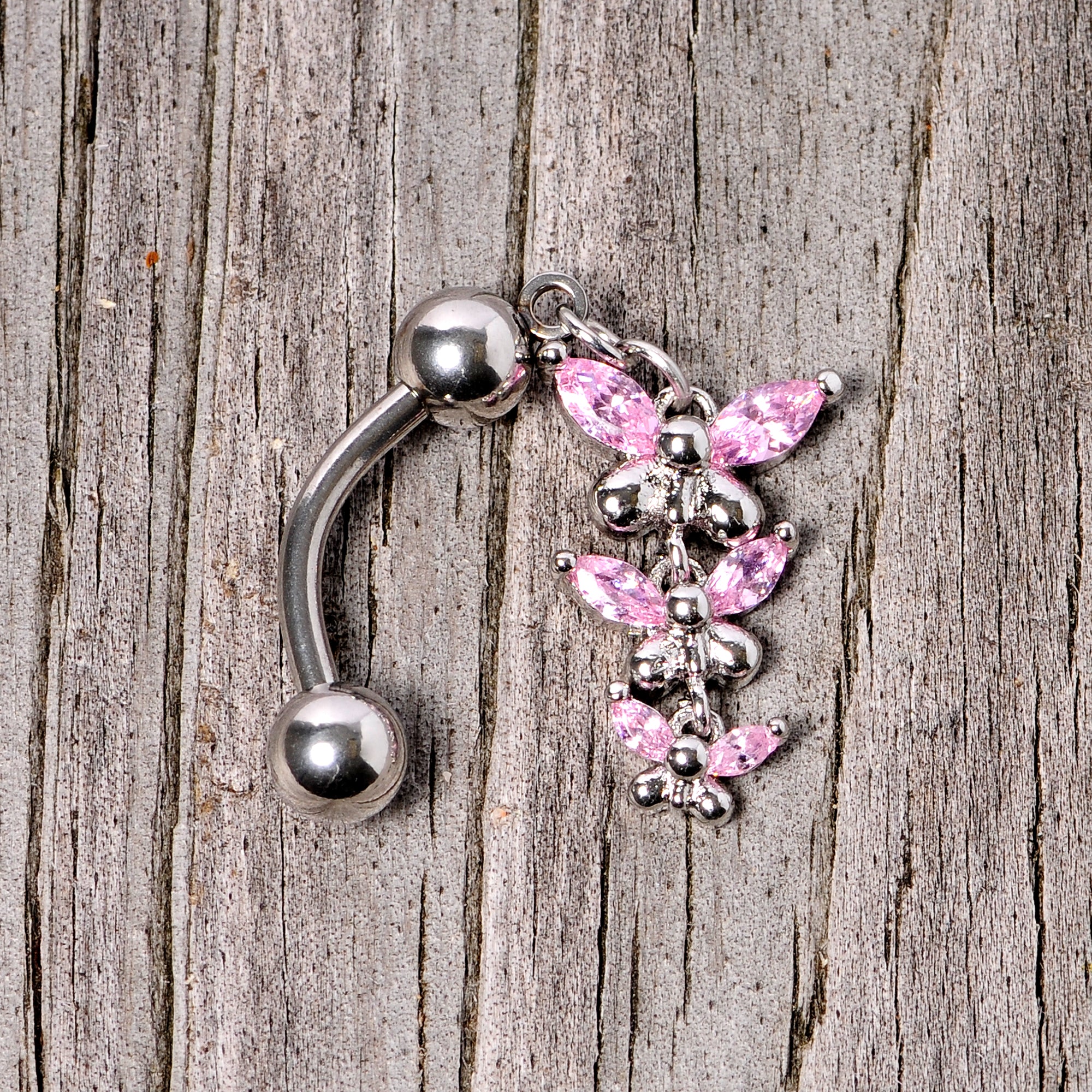 Pink Gem Band of Butterflies Top Mount Dangle Belly Ring