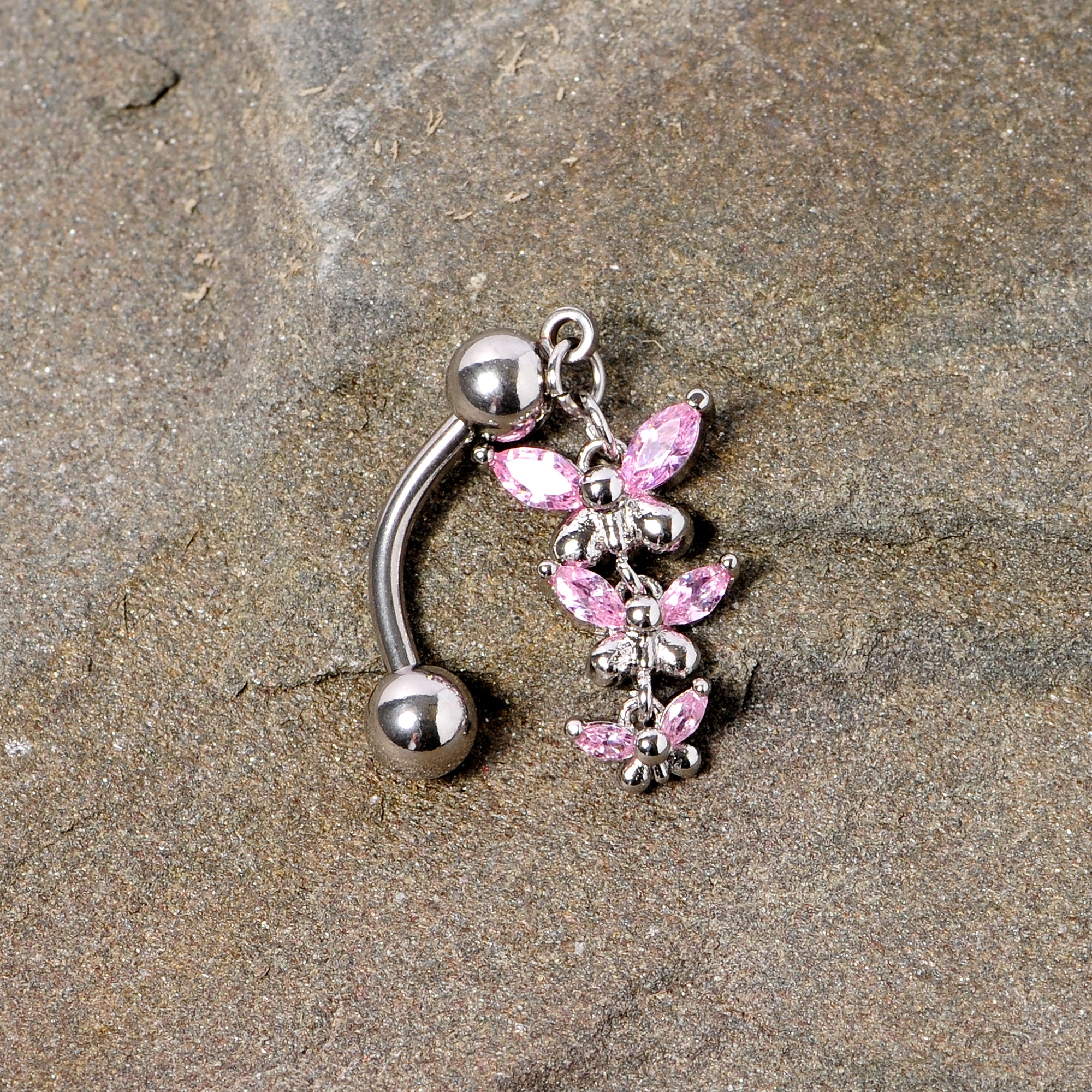 Pink Gem Band of Butterflies Top Mount Dangle Belly Ring