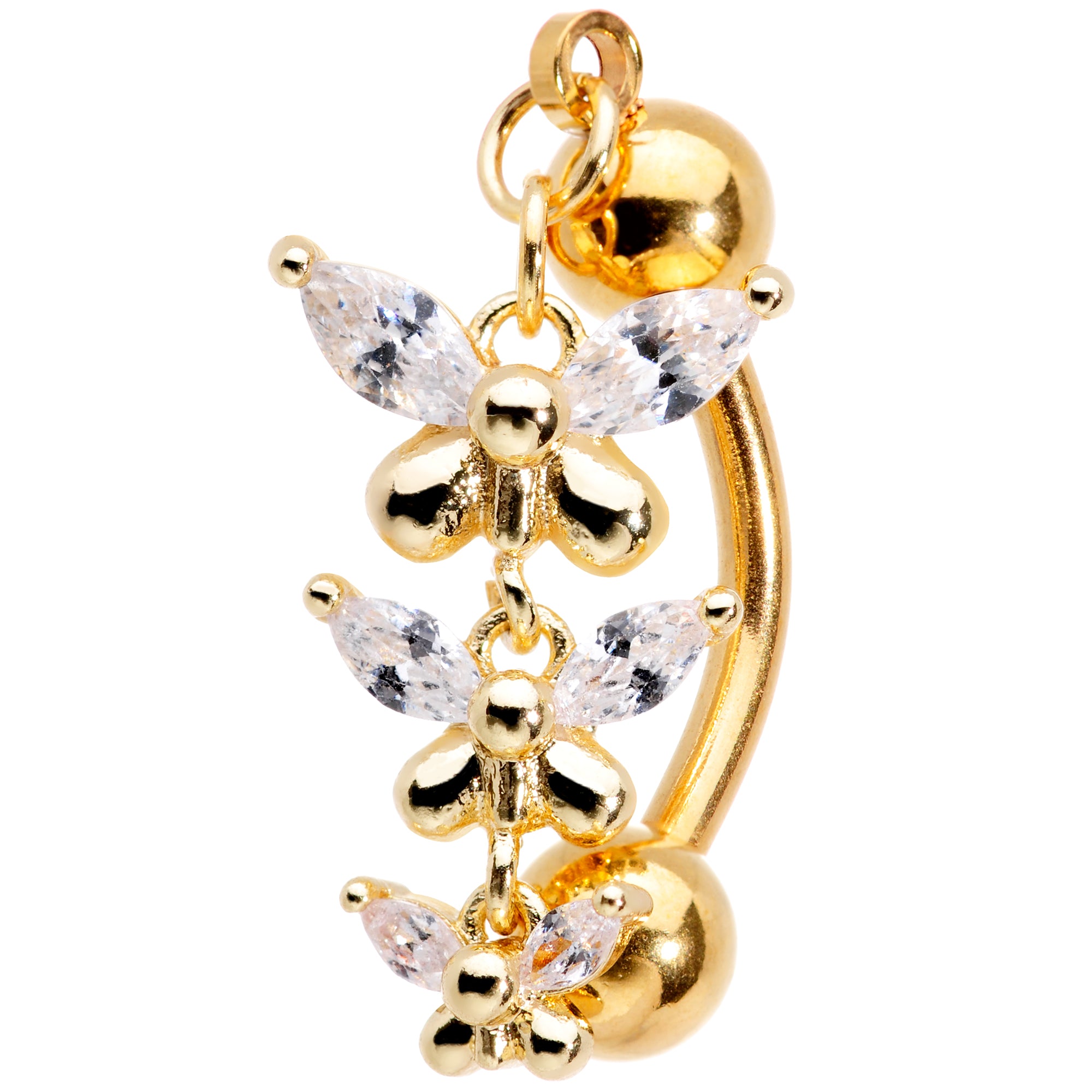 Clear Gem Gold Tone Band of Butterflies Top Mount Dangle Belly Ring