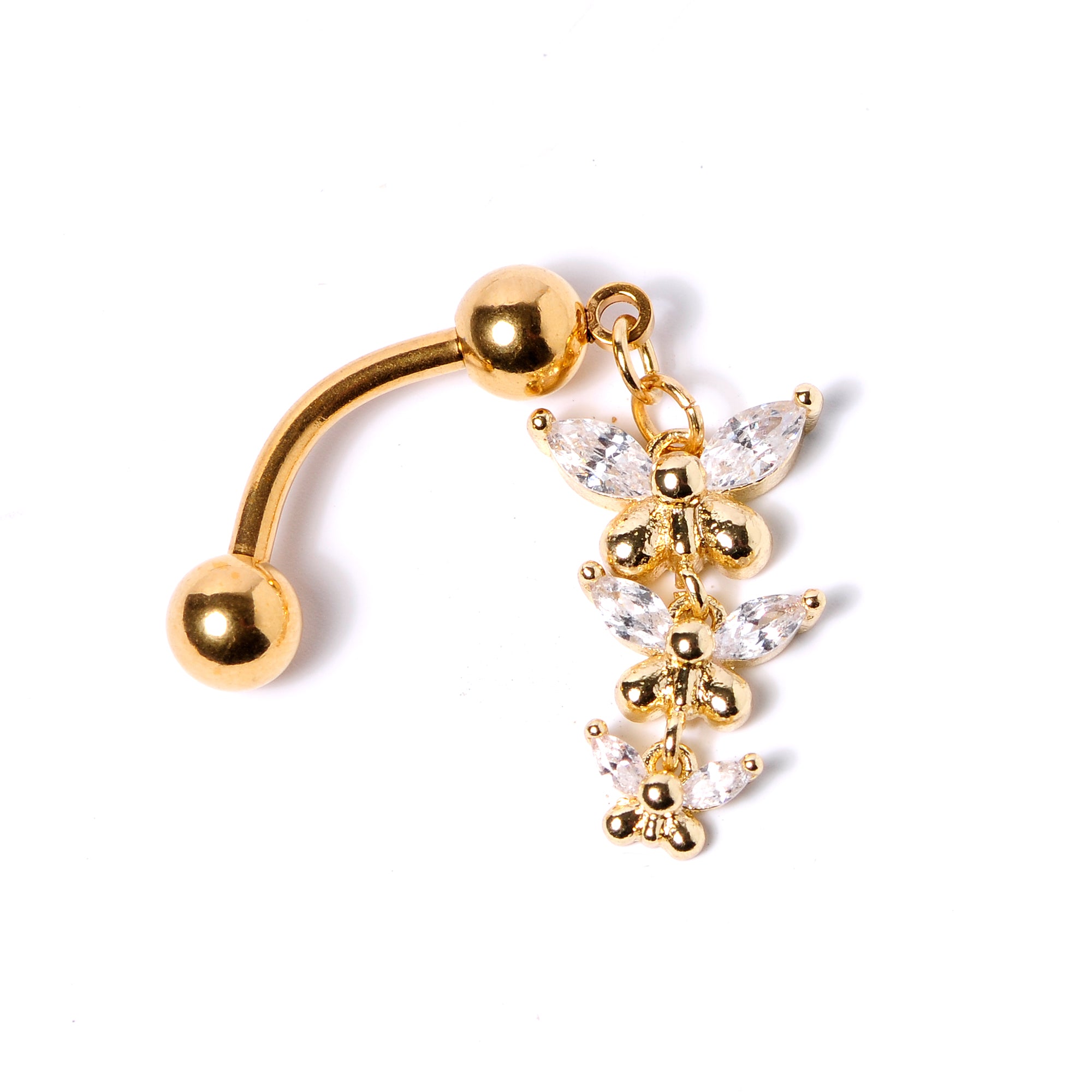 Clear Gem Gold Tone Band of Butterflies Top Mount Dangle Belly Ring