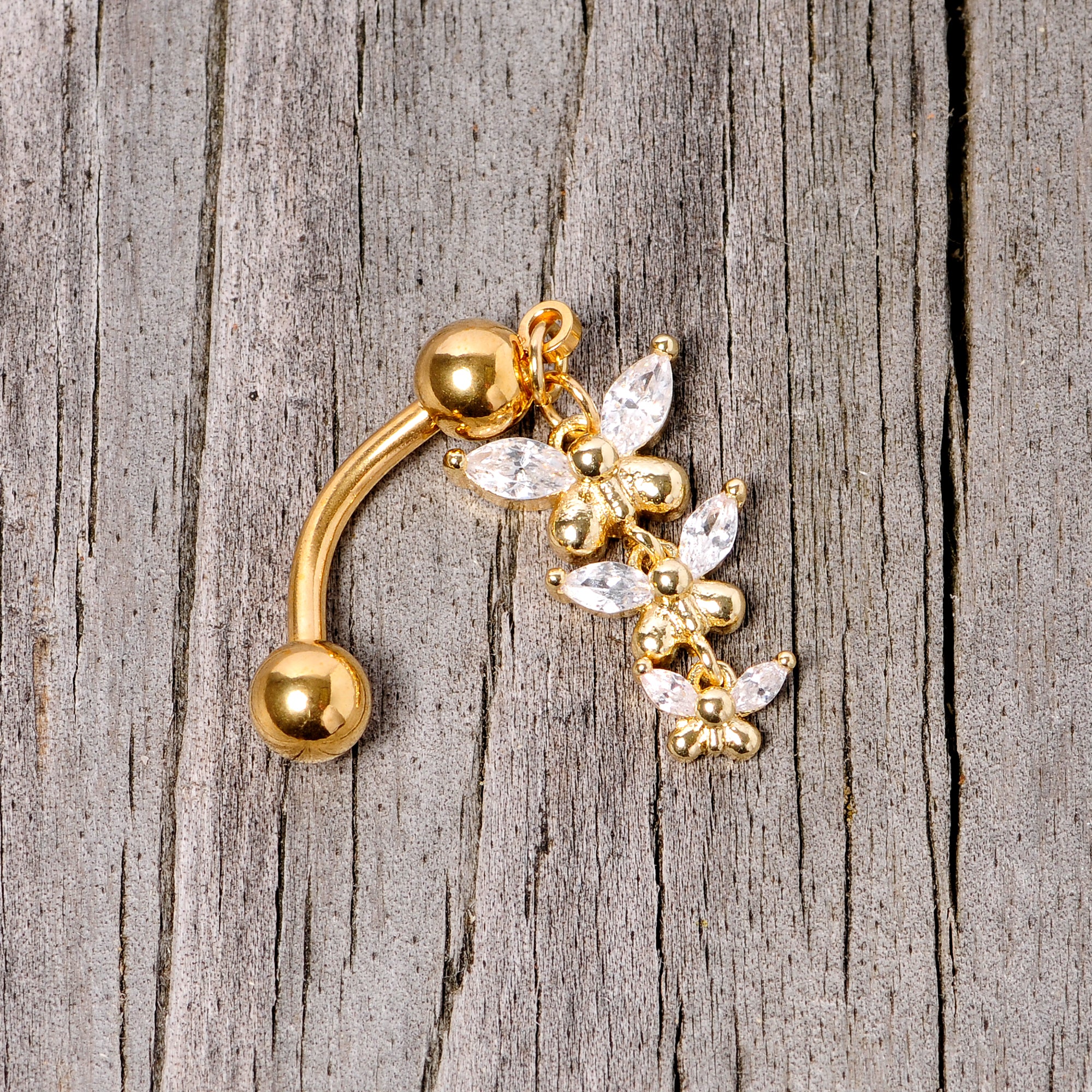 Clear Gem Gold Tone Band of Butterflies Top Mount Dangle Belly Ring