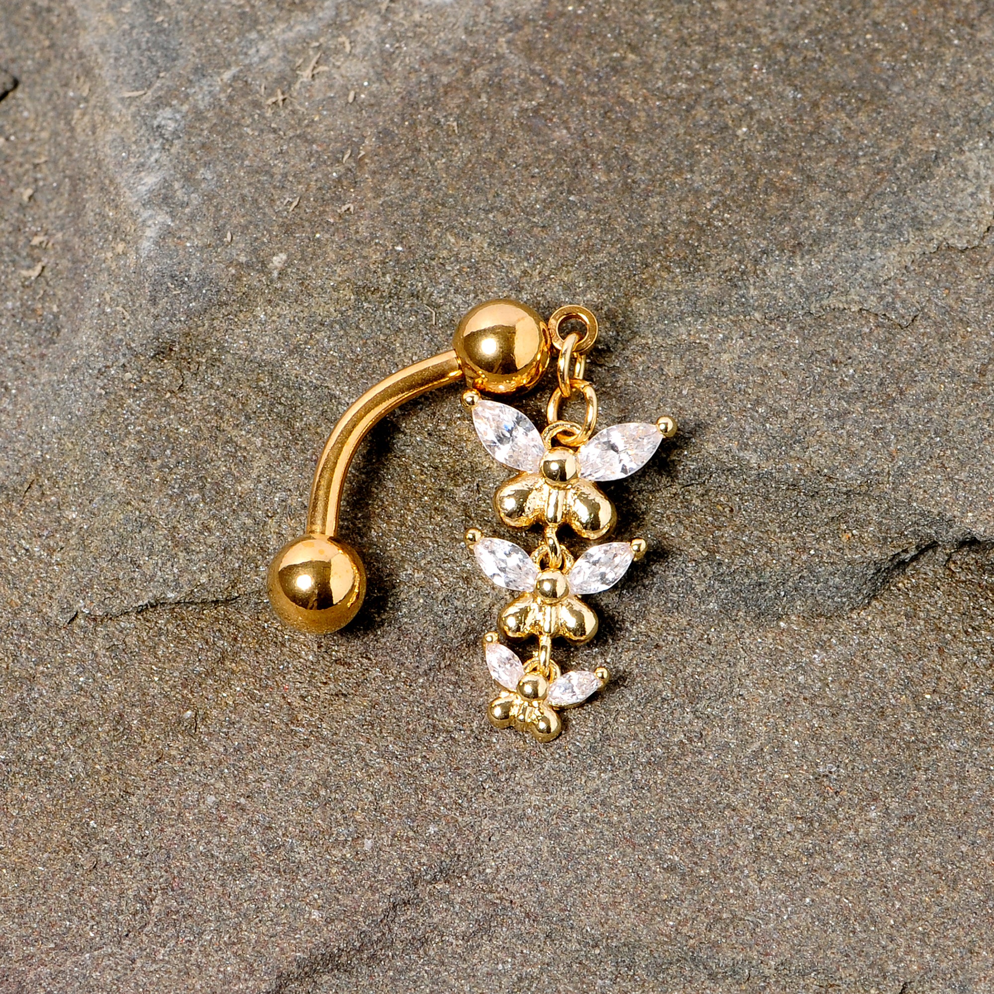 Clear Gem Gold Tone Band of Butterflies Top Mount Dangle Belly Ring