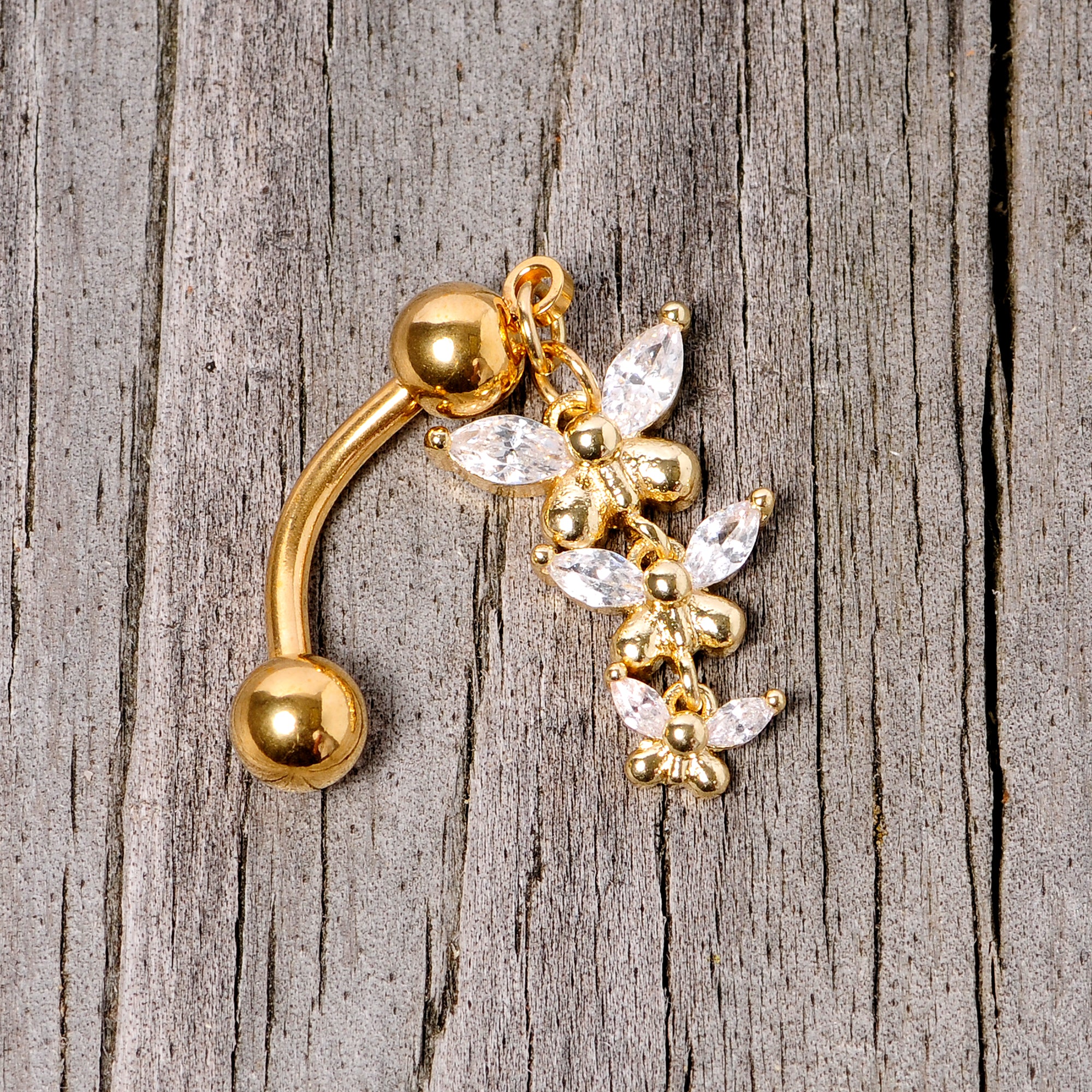 Clear Gem Gold Tone Band of Butterflies Top Mount Dangle Belly Ring