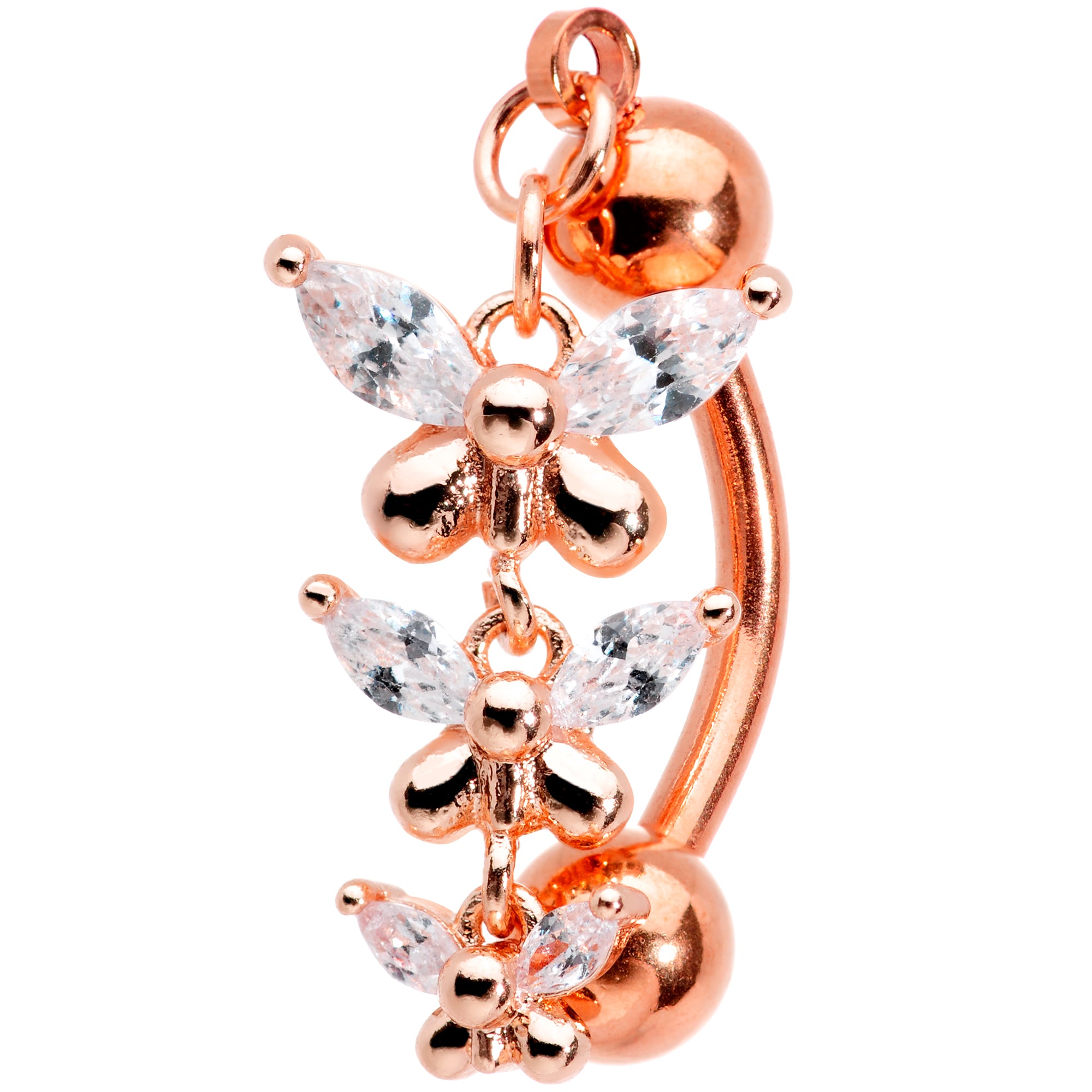 Clear Gem Rose Gold Tone Butterflies Top Mount Dangle Belly Ring