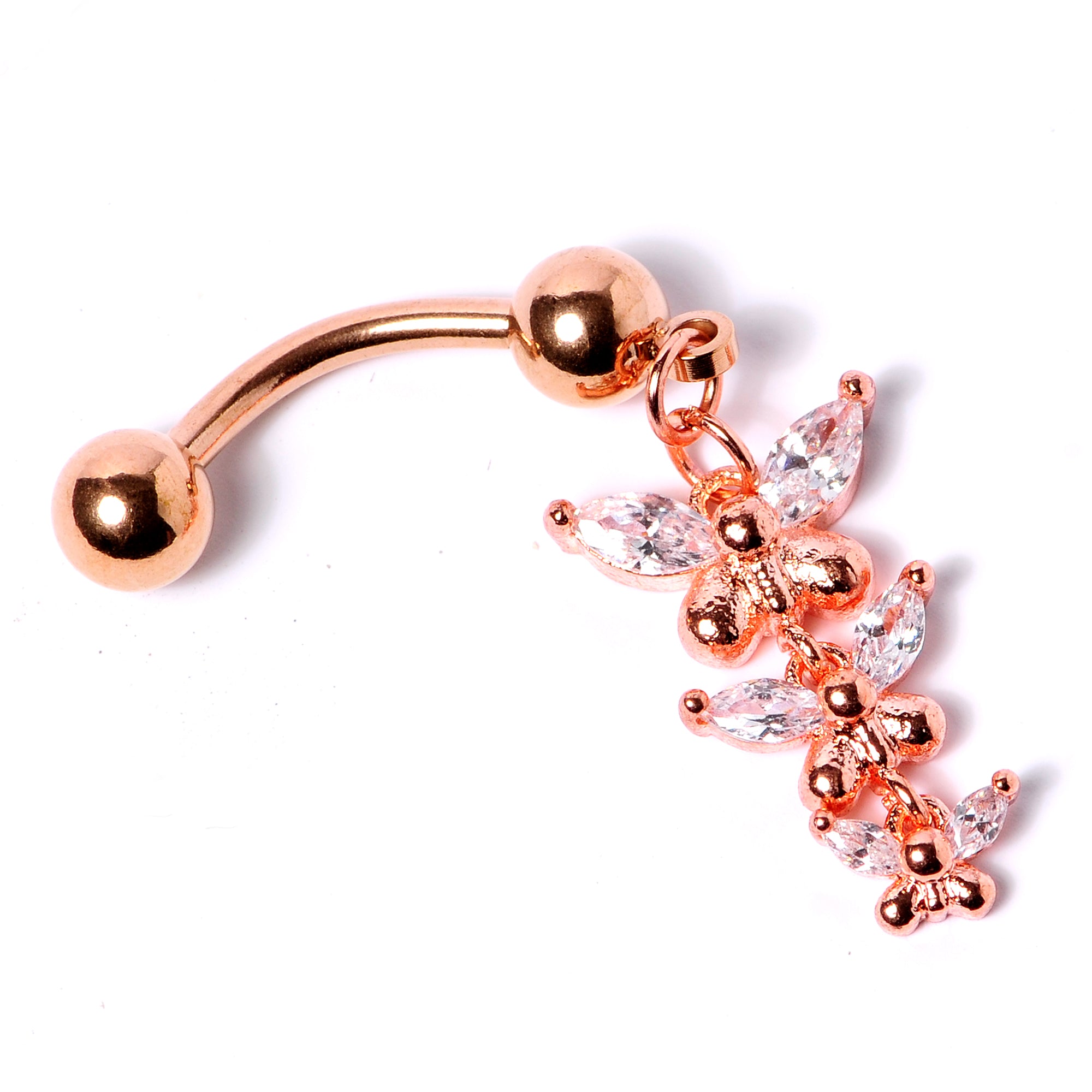 Clear Gem Rose Gold Tone Butterflies Top Mount Dangle Belly Ring