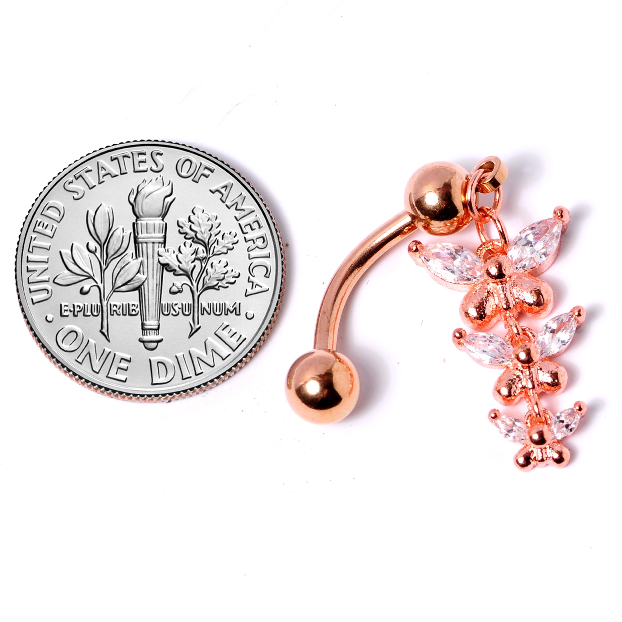 Clear Gem Rose Gold Tone Butterflies Top Mount Dangle Belly Ring