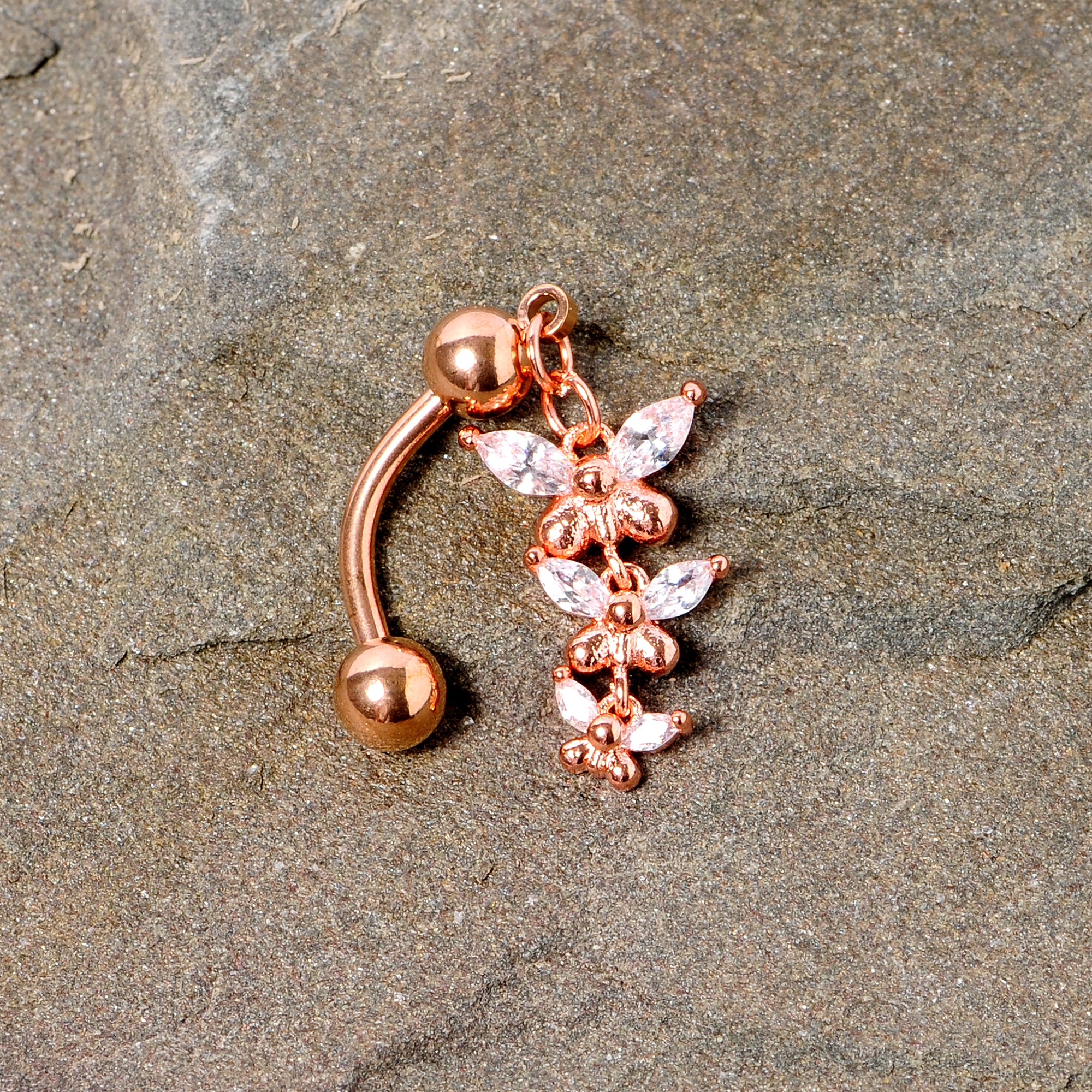 Clear Gem Rose Gold Tone Butterflies Top Mount Dangle Belly Ring