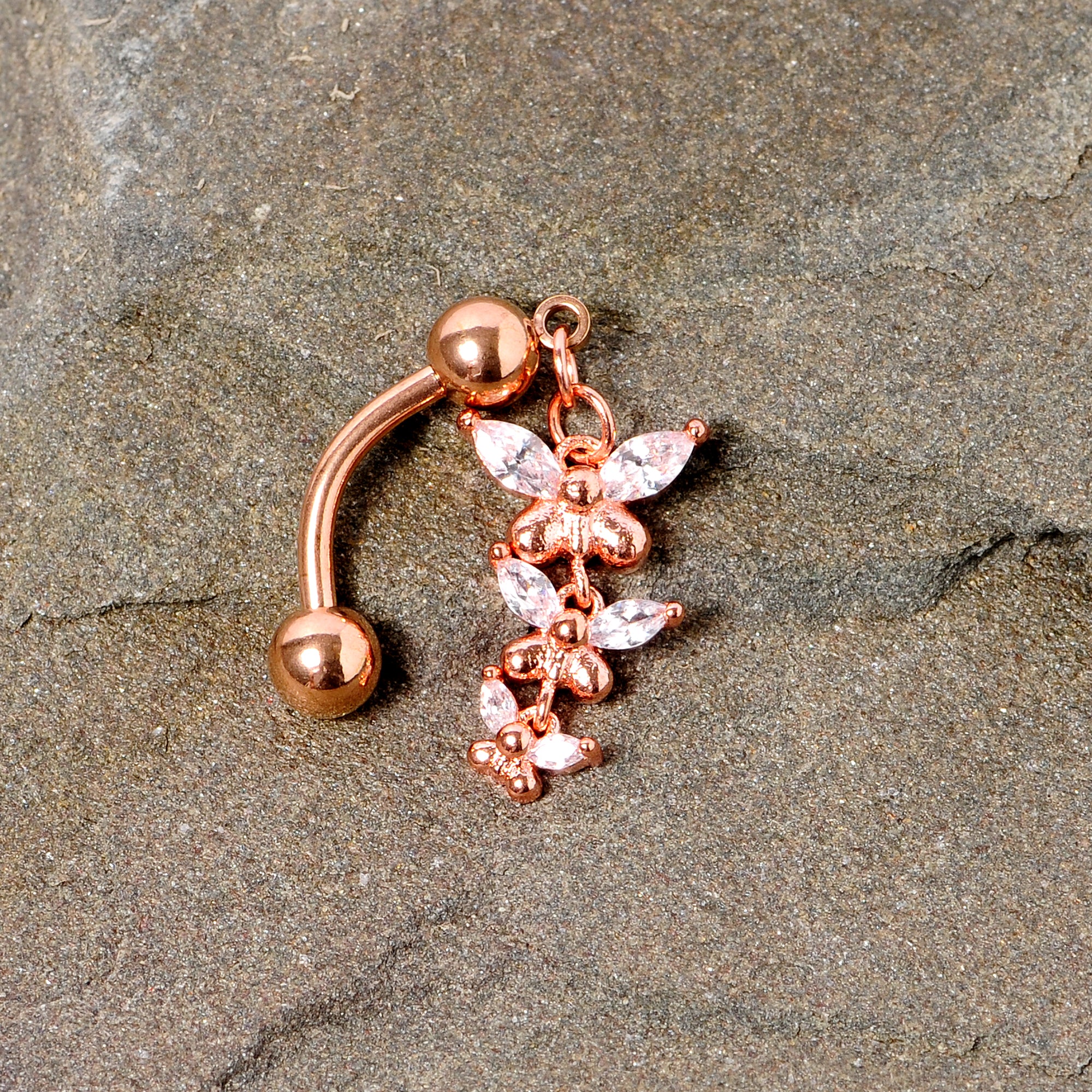 Clear Gem Rose Gold Tone Butterflies Top Mount Dangle Belly Ring