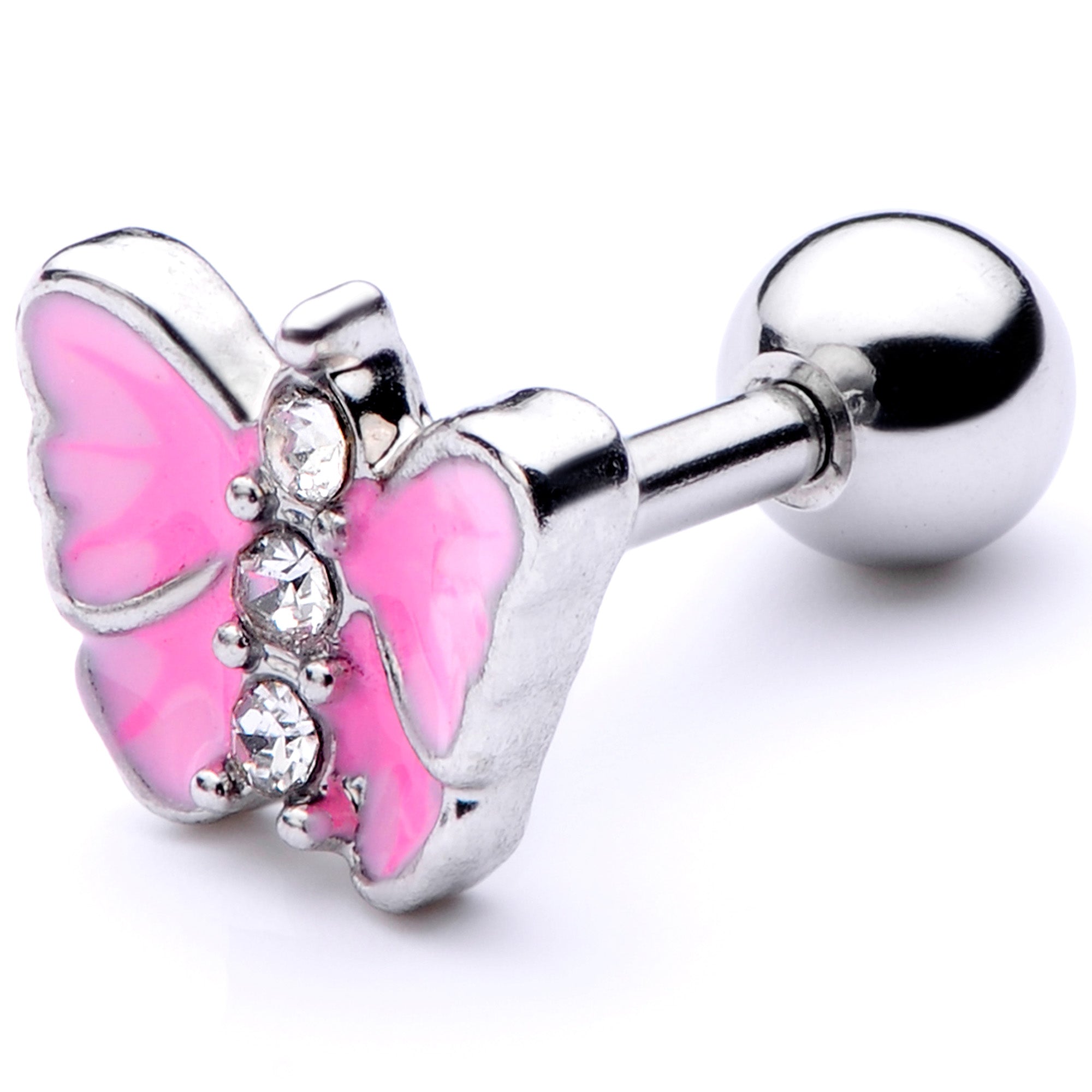 16 Gauge 1/4 Clear Gem Pink Butterfly Cartilage Tragus Earring