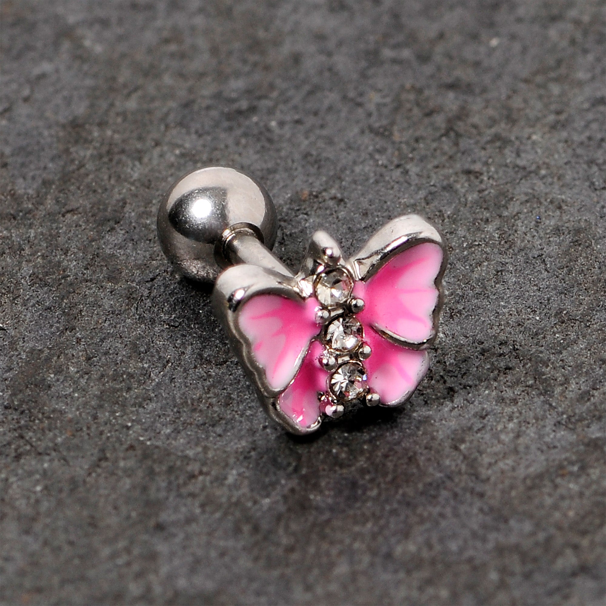 16 Gauge 1/4 Clear Gem Pink Butterfly Cartilage Tragus Earring