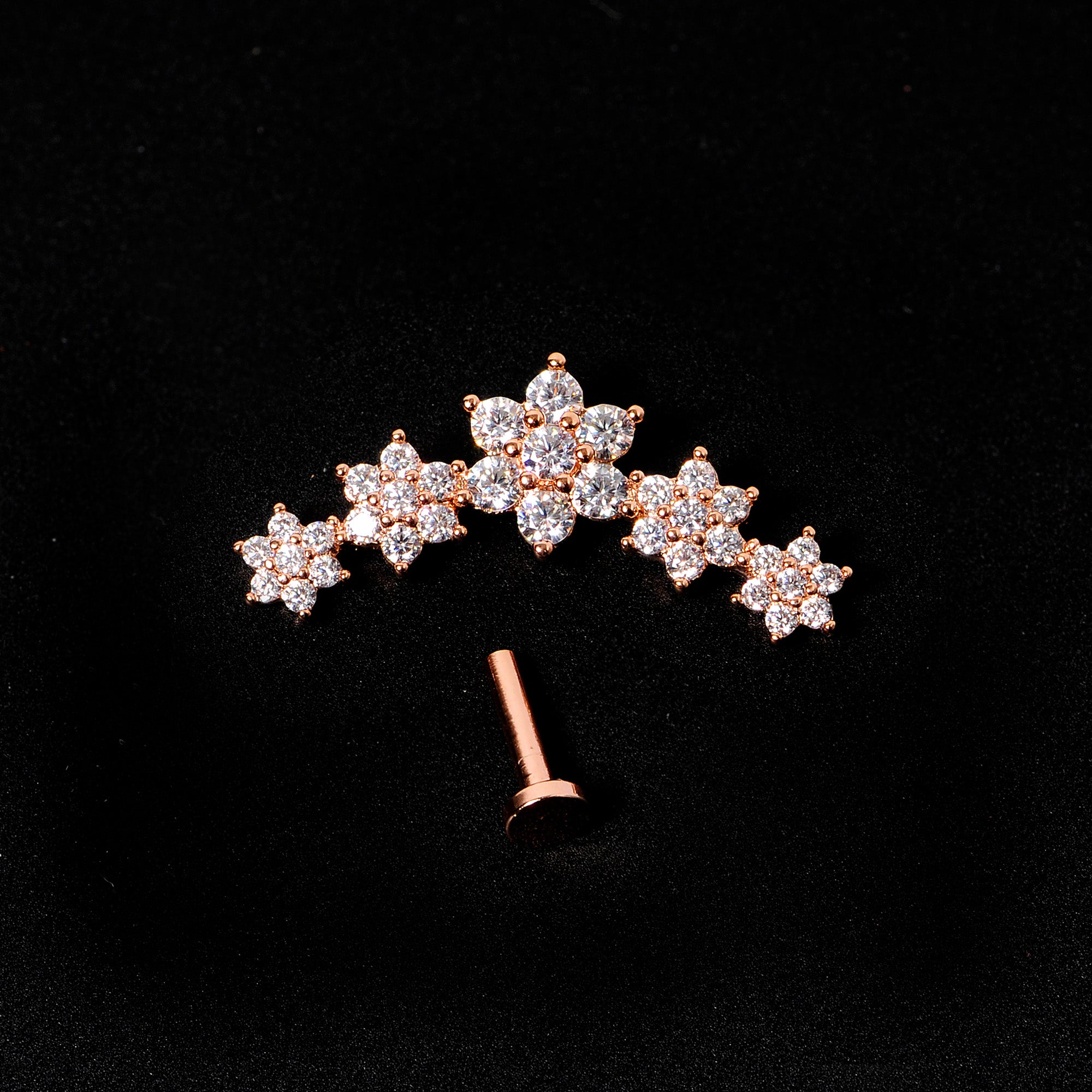 16 Gauge 1/4 Clear CZ Gem Rose Gold Tone Floral Internal Thread Labret