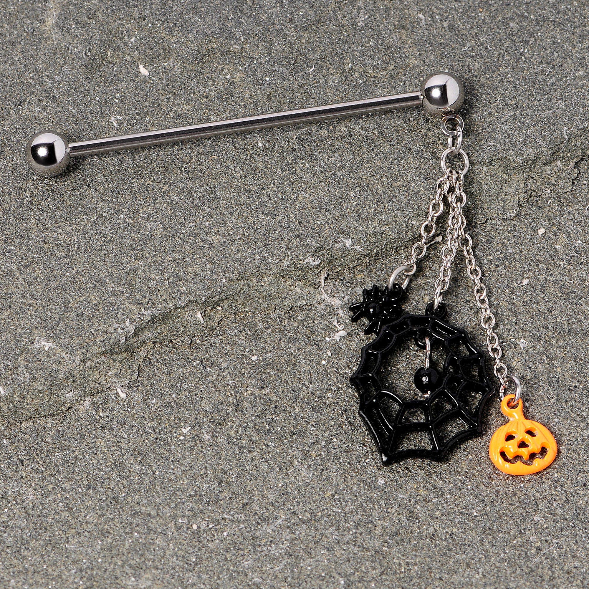 14 Gauge Spiderweb Pumpkin Halloween Dangle Industrial Barbell 38mm