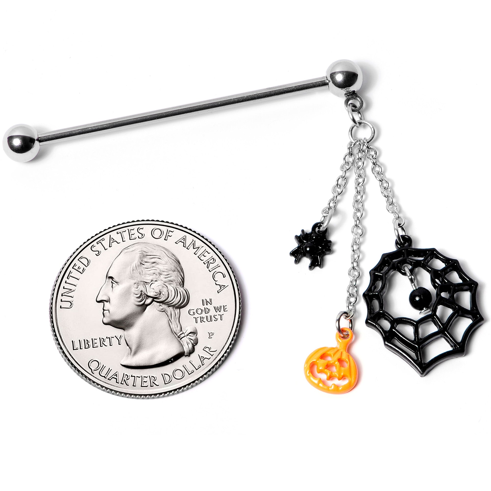 14 Gauge Spiderweb Pumpkin Halloween Dangle Industrial Barbell 38mm