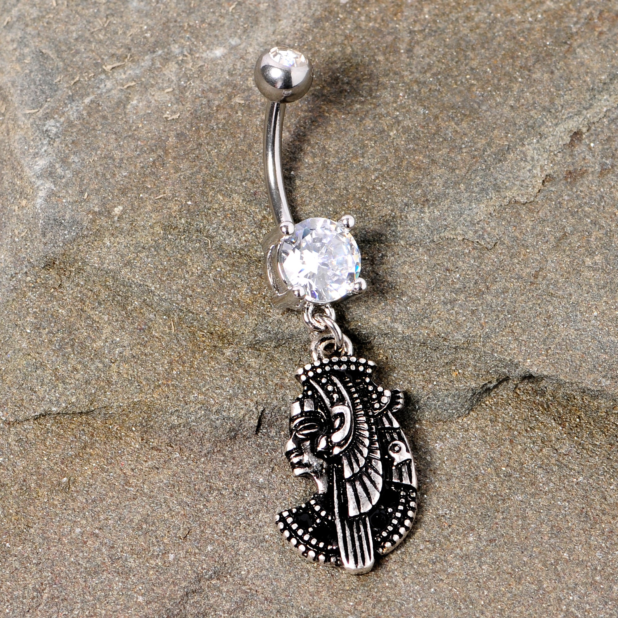 Black CZ Gem Anubis Egyptian Dangle Belly Ring