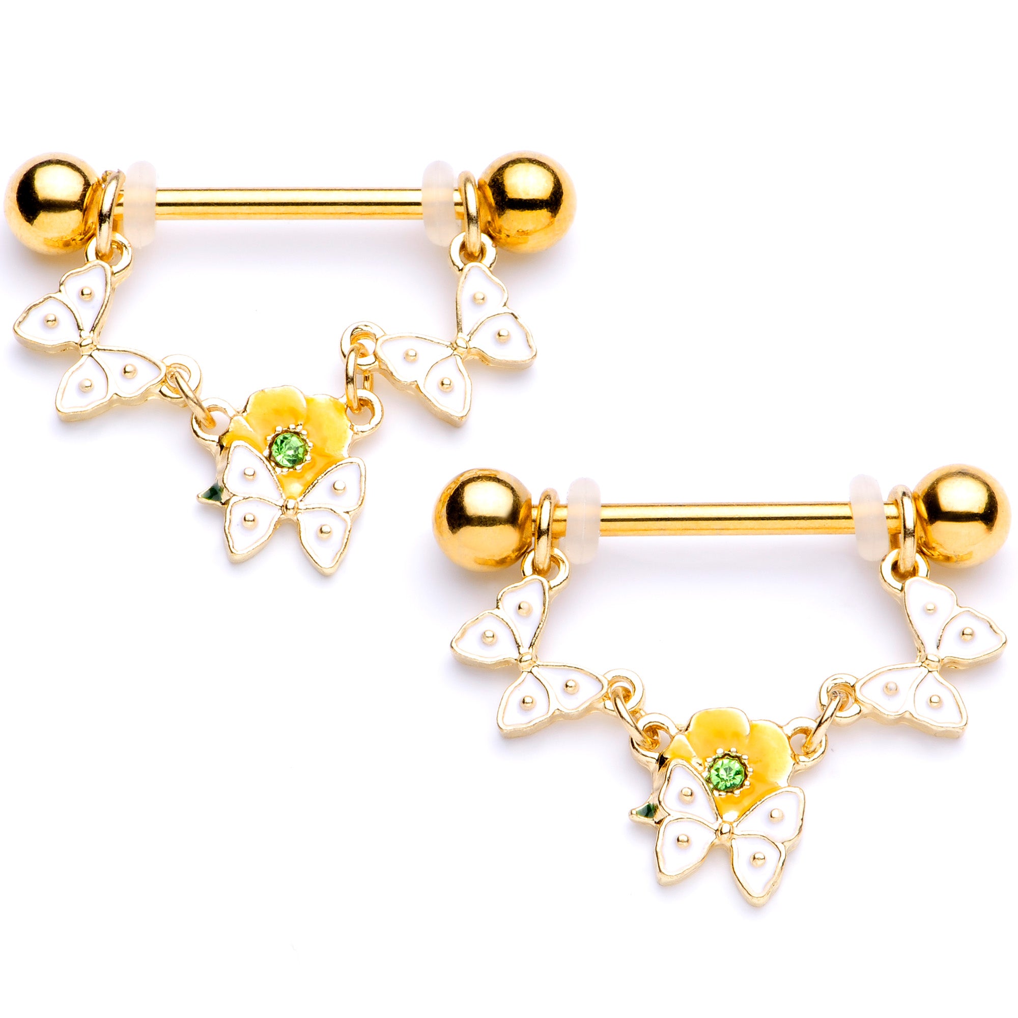 14 Gauge 5/8 Green Gem Gold Tone Butterfly Dangle Nipple Ring Set