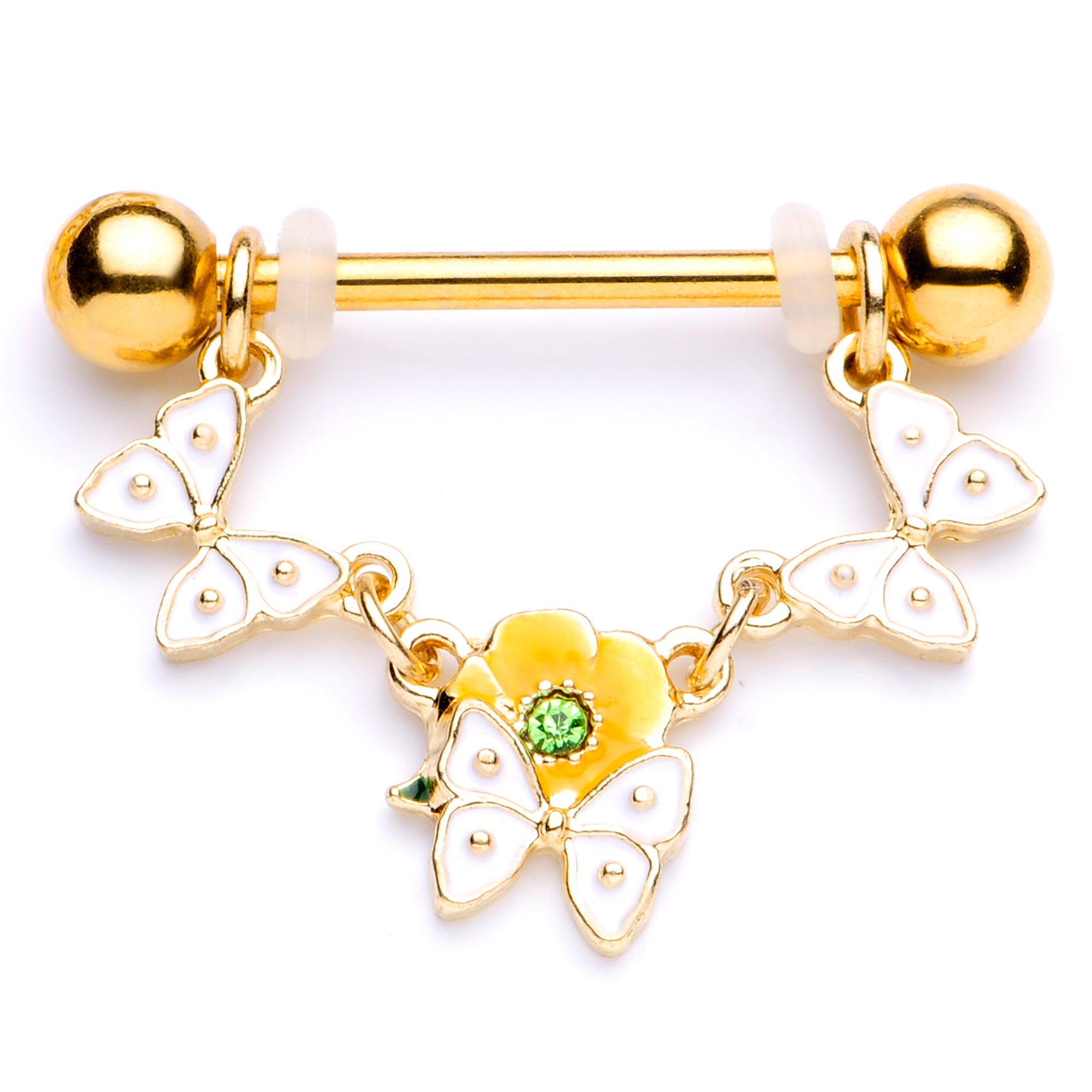 14 Gauge 5/8 Green Gem Gold Tone Butterfly Dangle Nipple Ring Set