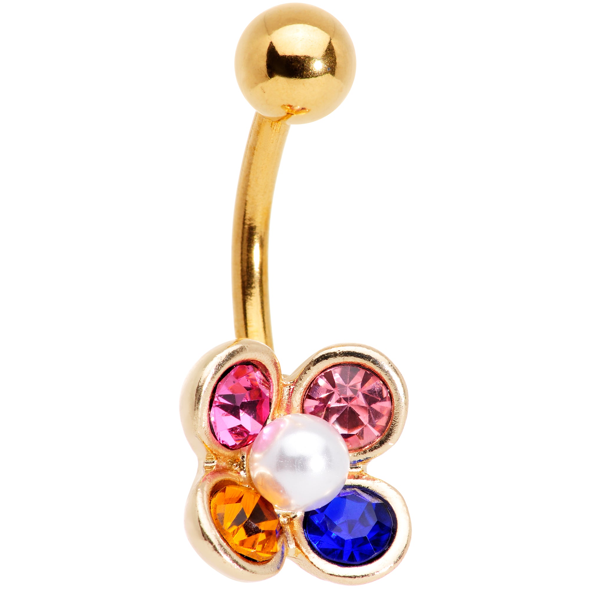 Pink Blue Yellow Gem Gold Tone Flower Belly Ring